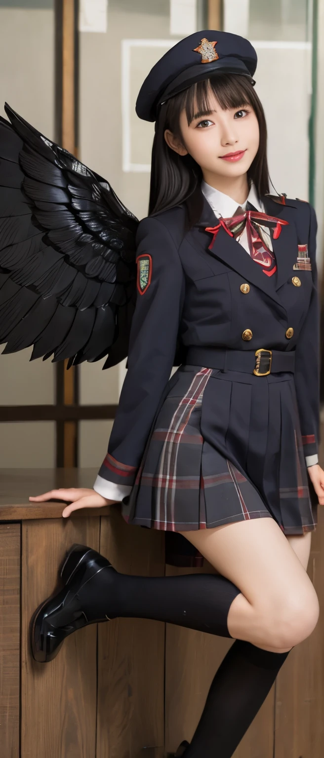 The ultimate weapon high school girl、whole body、good style、、、、、、、、Mechanical wings、Cyber Uniform、military hat、dusk、