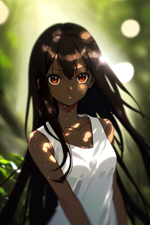 masterpiece, high quality, highres, 1girl, looking at viewer, portrait, face focus, (collarbone), (thighs), ((dark skin)), wet skin, very long Black hair, Each strand of hair is fine, hair between eyes, long bangs, messy hair, Wet hair beautiful and delicate ((brown eye's)), eye's in highlight, catch light eyes, specular highlight eyes, parted lips, (simple ((white)) one piece dress), ((sleeveless)), Yakushima, komorebi, sunlight filtering through the trees, the sunlight shining through the leaves of trees, bokeh, Blurred Backgrounds, depth of field,