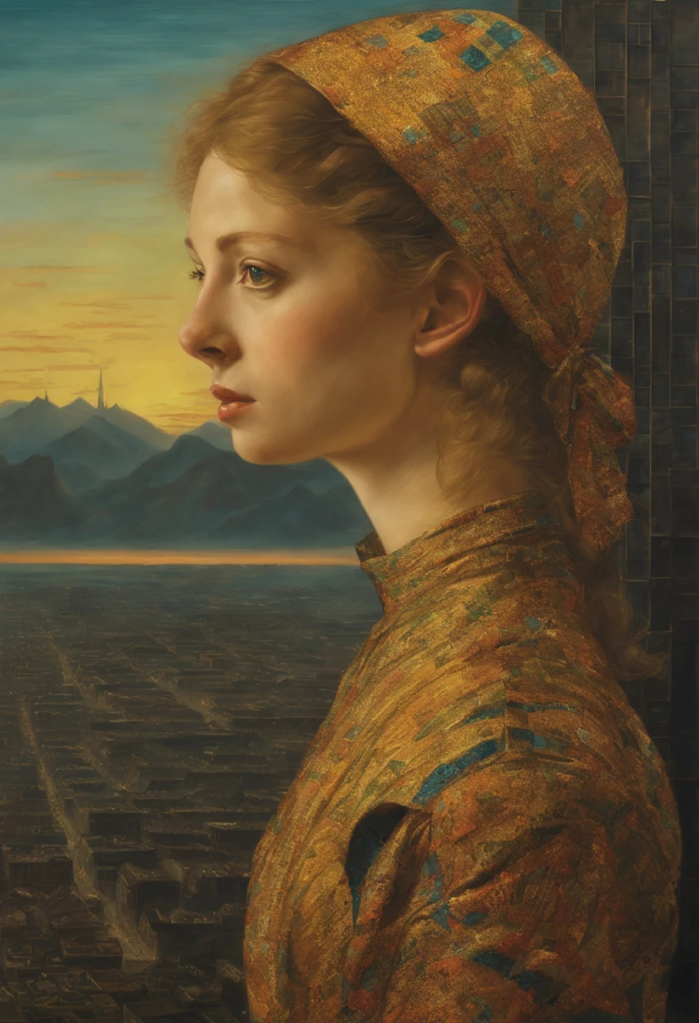 [((front portrait): Young Mina Sundwall, in the style of Albrecht-Altdorfer]:20]/[background: nature landscape enemy planet of the future metropolis, [golden morning light], ( in the style of Albrecht-Altdorfer)], very colorful, ((Palette/oil painting Palette knife)), ((masterpiece)), Single shot, Impression, extreme detail, perspective, 8K