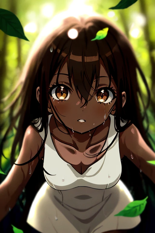masterpiece, high quality, highres, 1girl, looking at viewer, portrait, face focus, (collarbone), (thighs), ((dark skin)), wet skin, very long Black hair, Each strand of hair is fine, hair between eyes, long bangs, messy hair, Wet hair beautiful and delicate ((brown eye's)), eye's in highlight, catch light eyes, specular highlight eyes, parted lips, (simple ((white)) one piece dress), ((sleeveless)), Yakushima, komorebi, sunlight filtering through the trees, the sunlight shining through the leaves of trees, bokeh, Blurred Backgrounds, depth of field,
