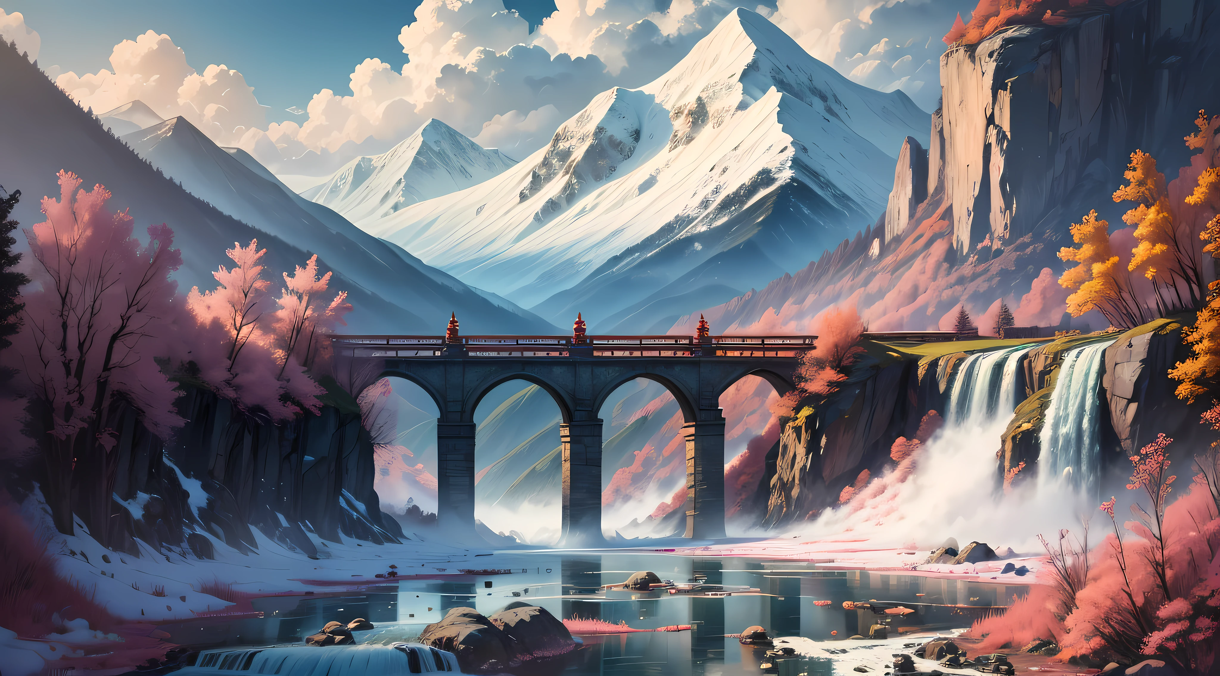 Chinese splashed ink landscape, majestic, mountains, waterfalls, forests, white clouds, 8K, fine details, high definition --auto --s2