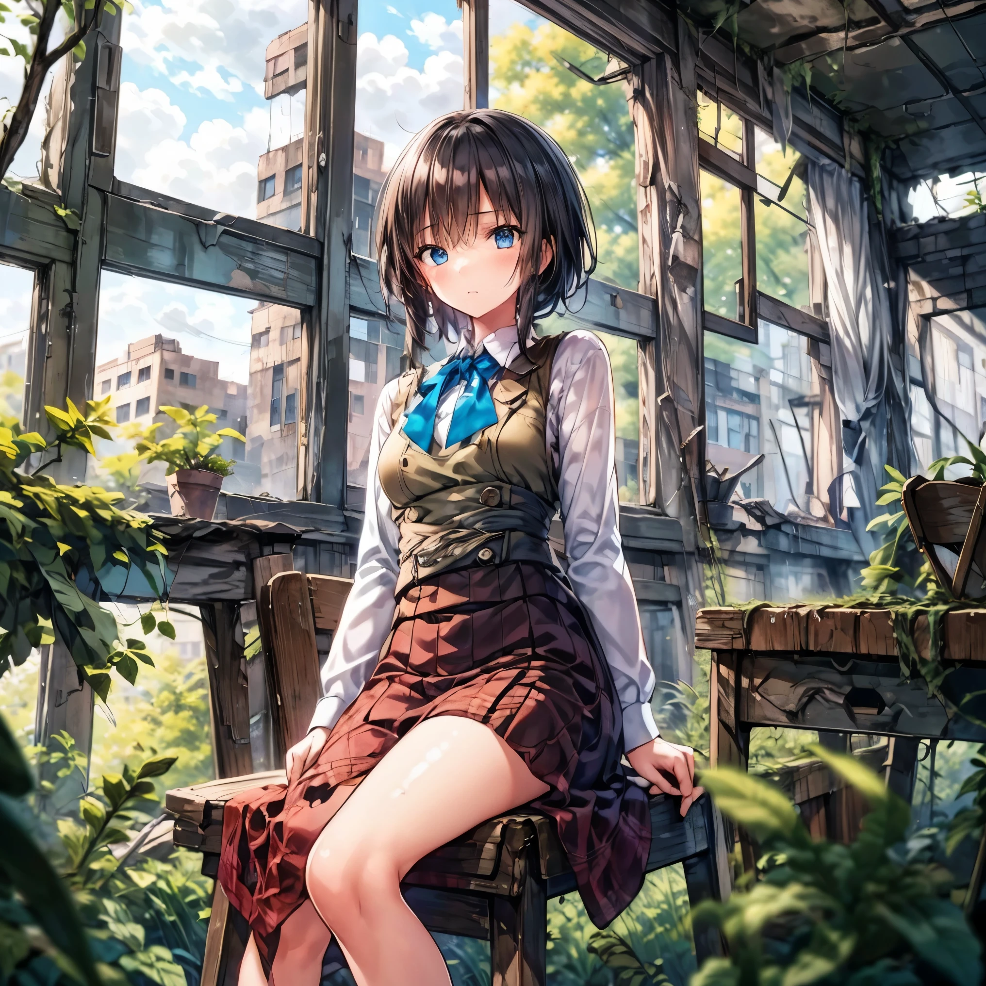 Concept art of a post-apocalyptic world with ruins, overgrown plants, flat chest,((the only girl who survived)),The content is very detailed,Detail view,anime,master piece,dilapidated building right sun,Dilapidated classrooms,Shabby table,Broken chair,open air,(covered with moss and grass),3、Four'afternoon clock,((Remains)),((A girl is sitting in the classroom and looking into the distance)),side,uniform,twisted braids,vanishing point, prospect, movie lighting,close-up shot shot