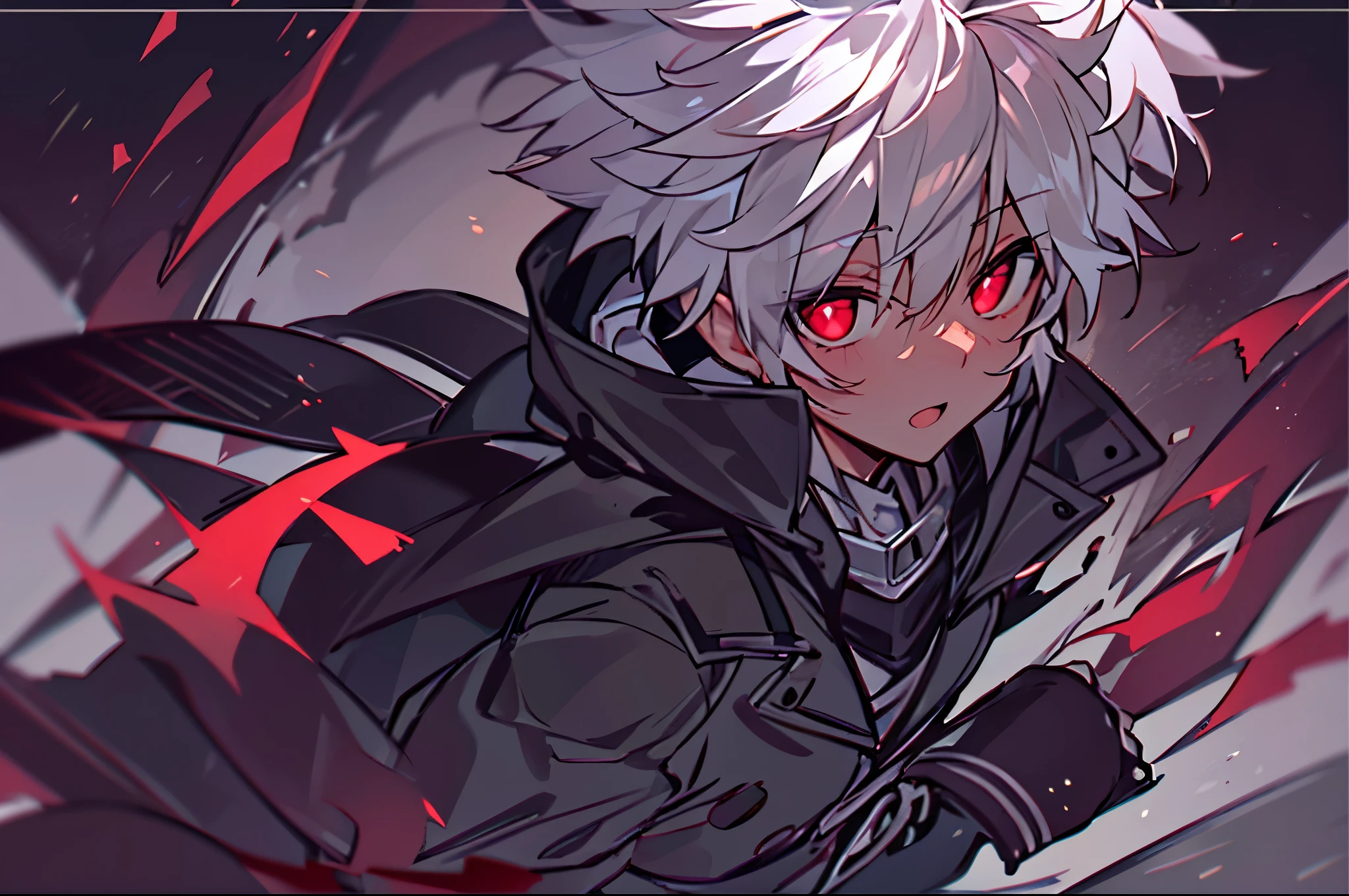 hight resolution,Anime boy with white hair and red eyes staring at camera, red eyes,slim, dressed in a black outfit,Shadow Body,Brown skin,monochromes,hair messy,Diagonal angle
