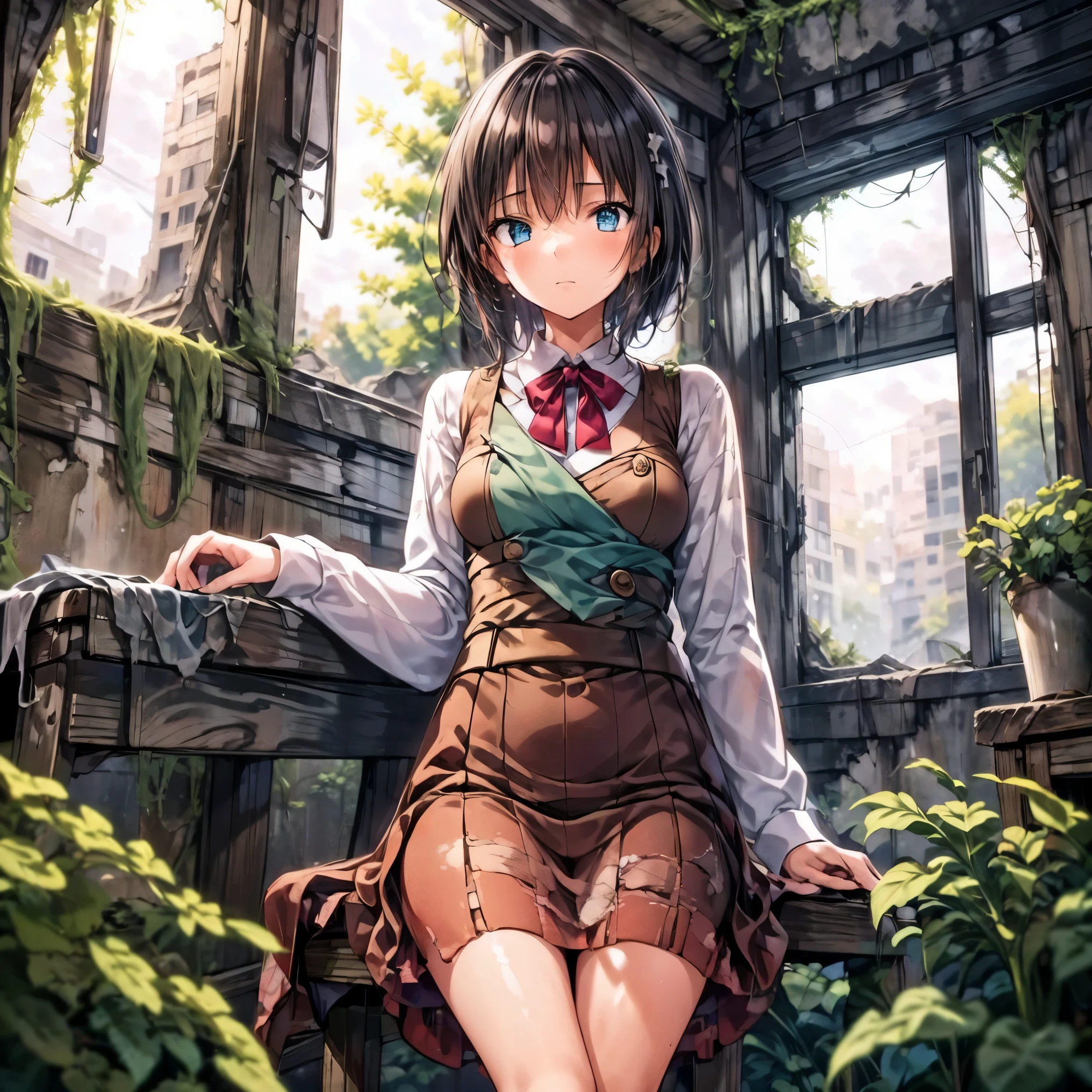 Concept art of a post-apocalyptic world with ruins, overgrown plants, flat chest，((the only girl who survived))，The content is very detailed,Detail view，anime，master piece，dilapidated building right sun，Dilapidated classrooms，Shabby table，Broken chair，open air，(covered with moss and grass)，3、Four&#39;afternoon clock，((Remains))，((A girl is sitting in the classroom and looking into the distance)),side，uniform，twisted braids，vanishing point, prospect, movie lighting，close-up shot shot