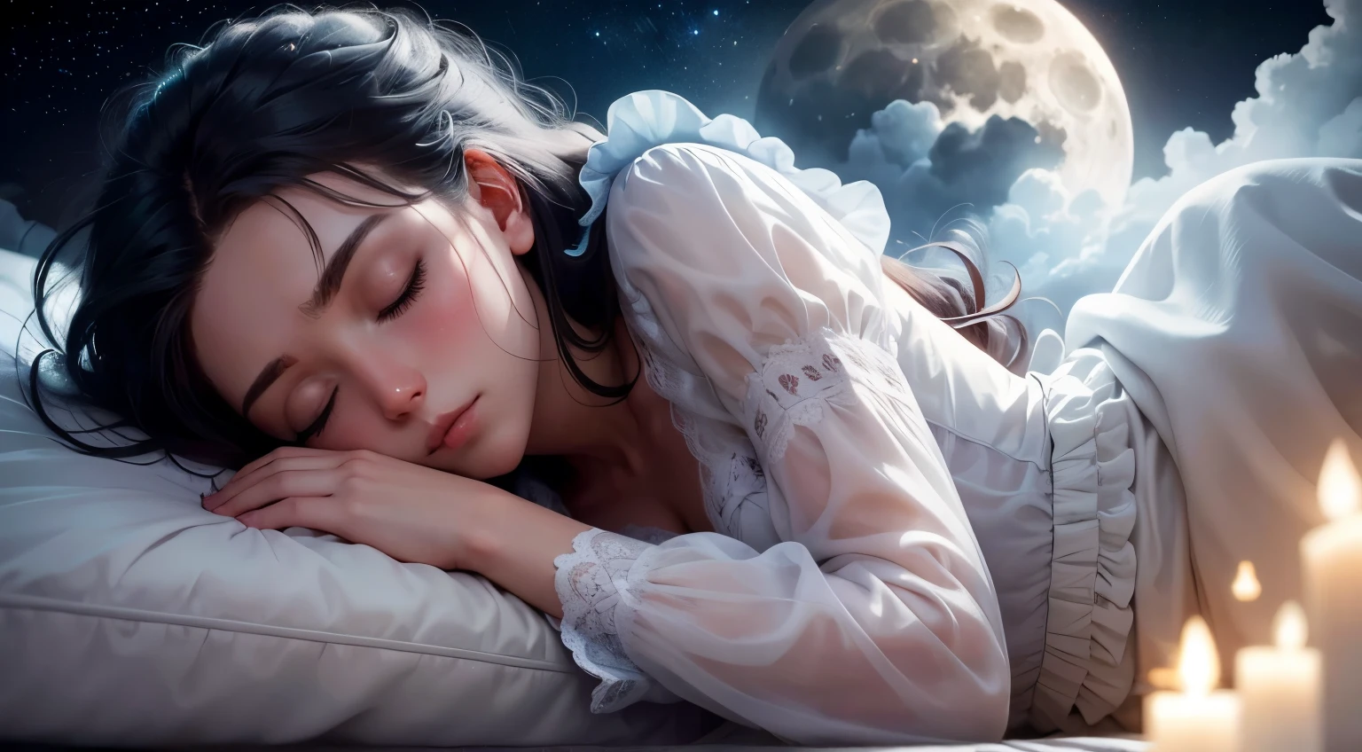 Close-up of a woman sleeping sideways, Inside a mattress-shaped cloud, There is a full moon and a starry sky in the background、Creates a flare effect. The depth of field in the photo is shallow, Low ISO and fast shutter speed to freeze motion