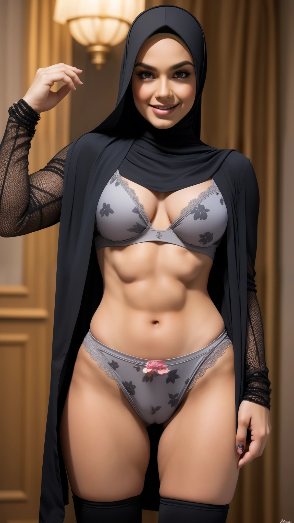 BODYBUILDER SMILE (HIJAB), (ROSE PANTIES PATTERN FLOWERS), NAKED AT FOREST & SMALL BOOTY, (THIN TINY TITS), ((FLAT CHEST)), NAKED BOXER SATIN GREY, SHORT HAIRY PUSSY