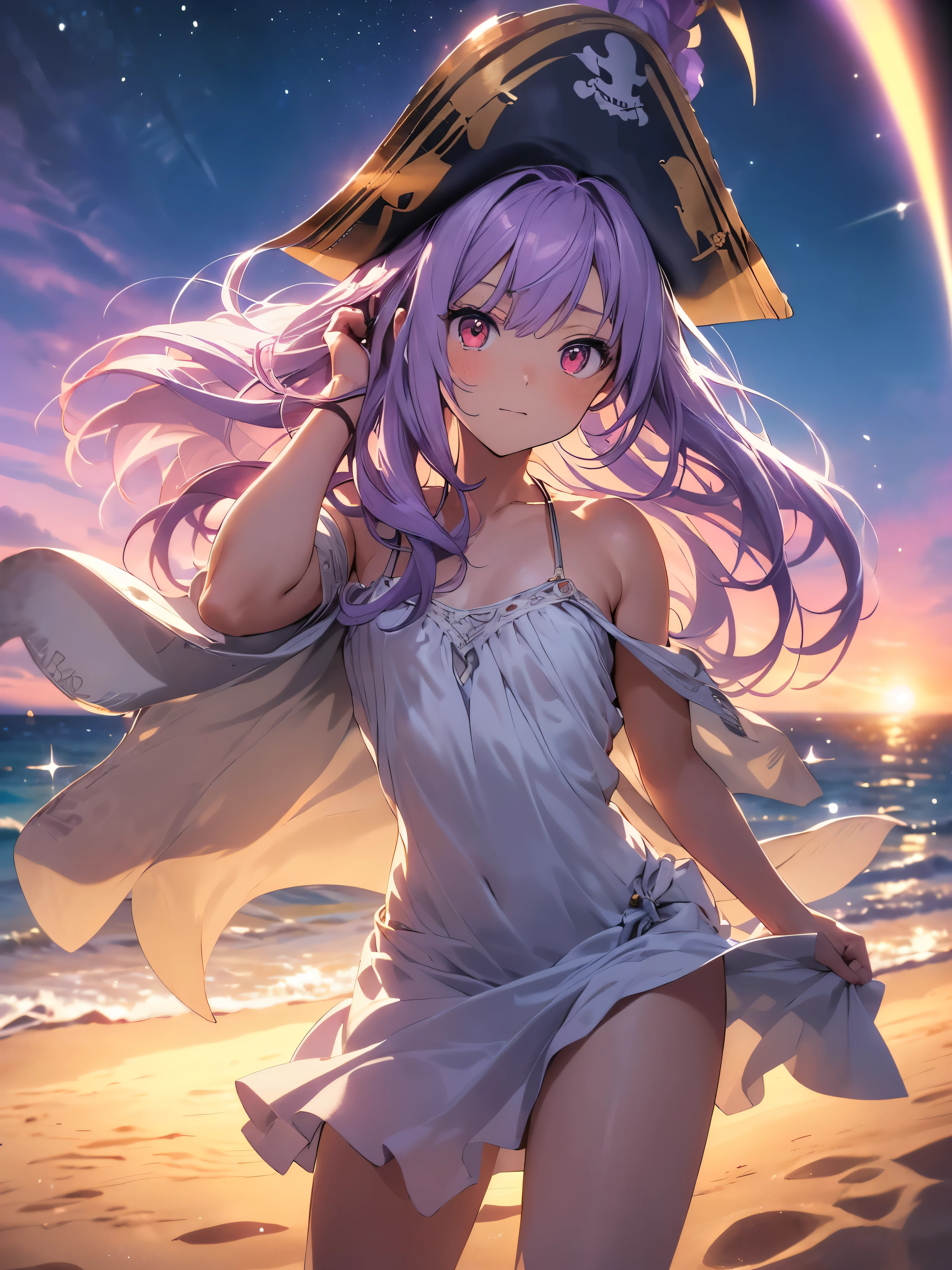 hair above one eye, Close only one eye、red eyes, clear eyes,anime style, movieポートレート写真, 1 female, 30 years old, Full body Esbian, small and meager chest, bright purple hair, long hair, red eyes, Wearing a purple dress, (natural skin texture vivid details, surreal, (realistic detailed eyes, natural skin texture, realistic facial details), Purple aurora shines、you'on the soft sandy beach, Dramatic lighting shining above the sea, Depth of written boundary, Bokeh, vivid details, surreal, 35mm movie, hazy blur, movie,Pirate Costume, pirate hat, skirt、famous pirate,bold pose、decide on a pose