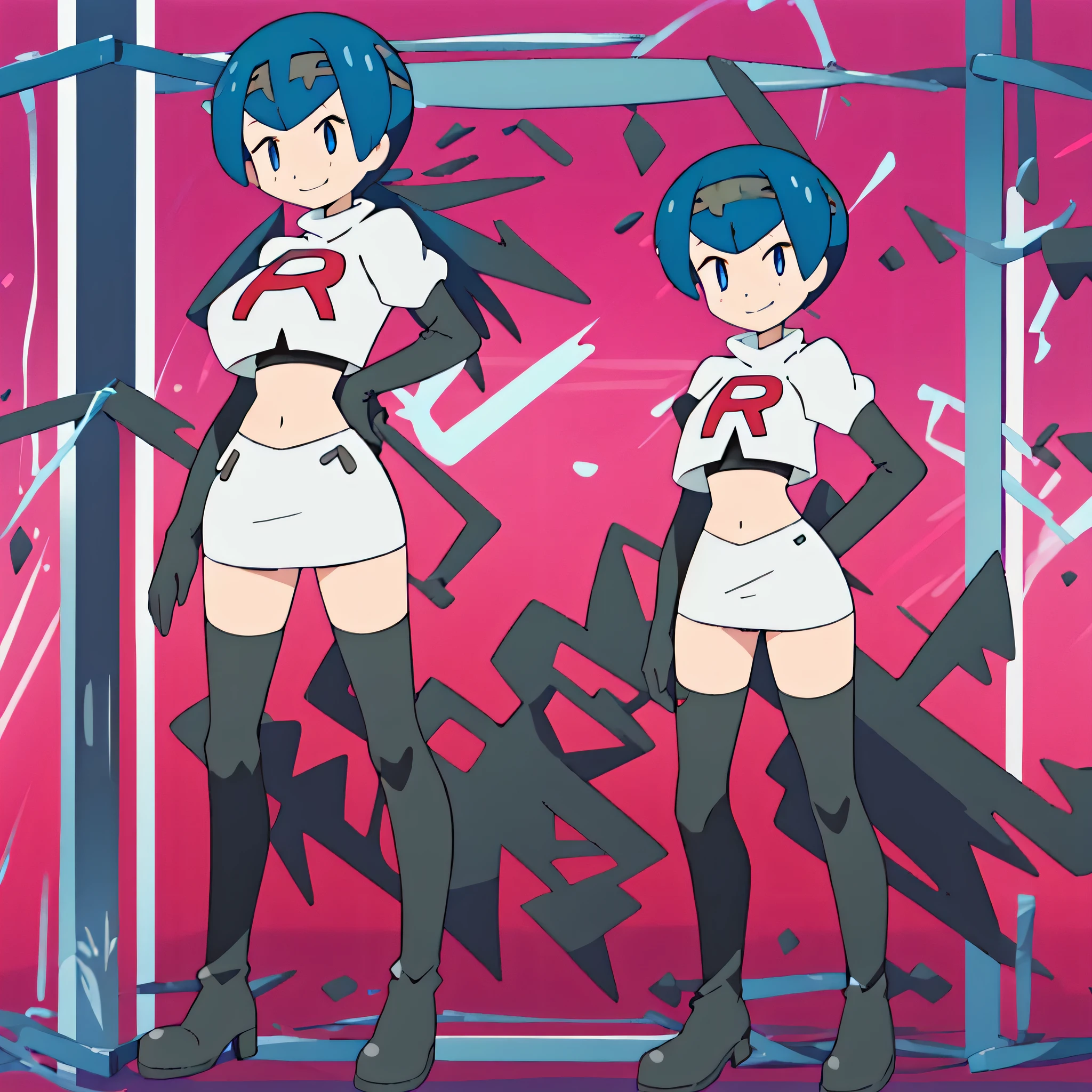 8k, anime screencap,1girl in, (solo:1.1), (perfect body:1.1), (best quality:1.1), very large breast, team rocket uniform, red letter r, white skirt,white crop top,black thigh-high boots, black elbow gloves, evil smile, looking down at viewer, hands on hips,zettai ryouiki,