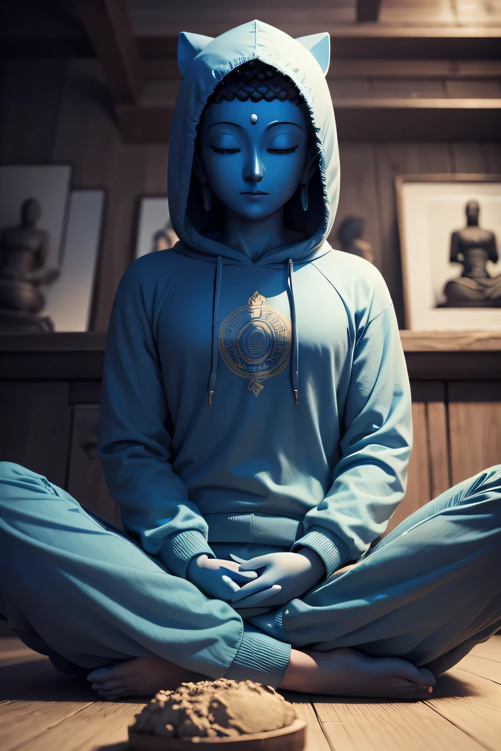 There is a blue Buddha statue facing the front and wearing a hoodie hood,Buddha, Buddha, Buddhism, beautiful images,Buddha,Buddha