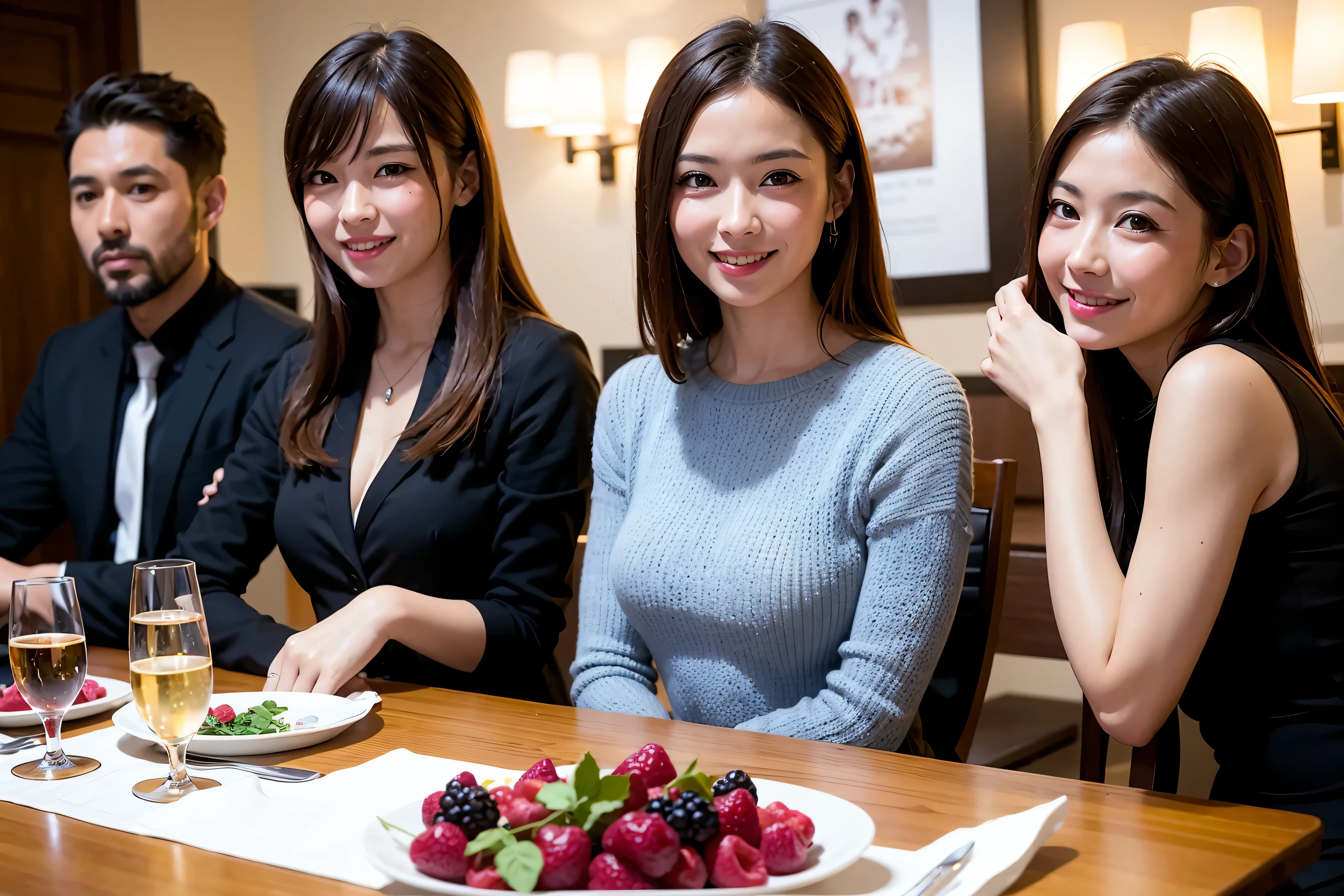 64k, UHD, highest quality, masterpiece: 1.2), (realistic, photorealistic: 1.37),5-people、やわらかなsmile、gentle expression、 Super detailed, celebration party、beauty、charm、beautiful mature woman、3 women who love wine、three men、Kobe、Yokohama、champagne、Sparkling wine、winter night、restaurantでワイン宴会、(slimな男女4名),(Wine party for 5 people)、(slimフェイス),Happy、 最高なsmile、Fox Face、Berry Short、(because I'thin), (brown hair), (shortcut), long sleeve shirt、winter fashion、Colombia、Brazilian、Japanese、Dutch、German、Portuguese、Belgian、Italian、french, (gushing), (slimボティ), (brown hair), (shortcut), 端正なbeauty、cheeks blush a little, (41 years old), 38 years old, 35 years old、32 years old、 A beautiful and detailed night view spreads out outside the window........., restaurant, wine glassが座っている, At night, in a prominent place (from the Upper body) nova frog style, actress, model, Upper body, White wine, slim, wine glass, very beautiful night view, wine glass Put in the Middle, Happy smile, (smile: 1.15),