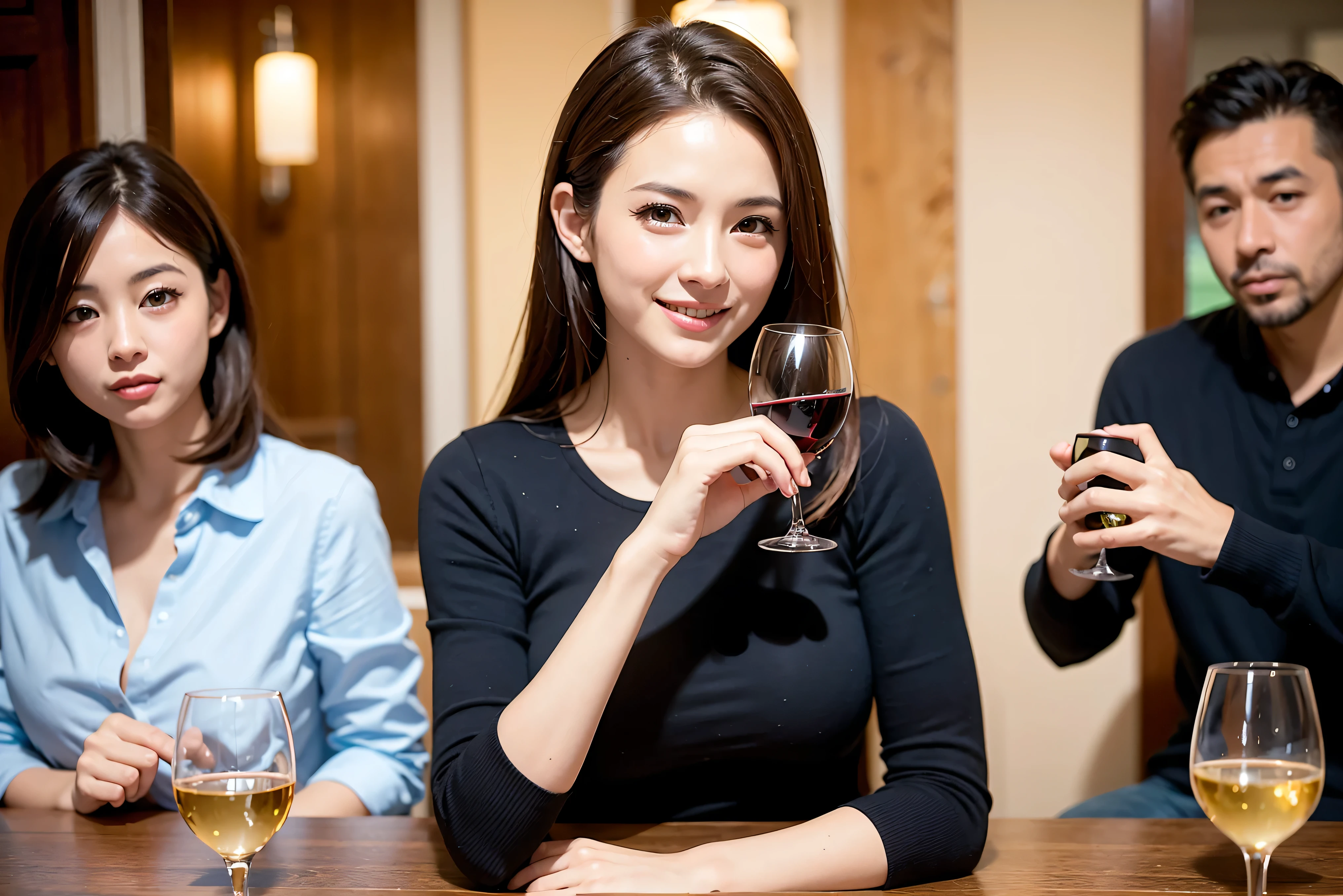 64k, UHD, highest quality, masterpiece: 1.2), (realistic, photorealistic: 1.37),5-people、やわらかなsmile、gentle expression、 Super detailed, celebration party、beauty、charm、beautiful mature woman、3 women who love wine、three men、Kobe、Yokohama、champagne、Sparkling wine、winter night、restaurantでワイン宴会、(slimな男女4名),(Wine party for 5 people)、(slimフェイス),Happy、 最高なsmile、Fox Face、Berry Short、(because I'thin), (brown hair), (shortcut), long sleeve shirt、winter fashion、Colombia、Brazilian、Japanese、Dutch、German、Portuguese、Belgian、Italian、french, (gushing), (slimボティ), (brown hair), (shortcut), 端正なbeauty、cheeks blush a little, (41 years old), 38 years old, 35 years old、32 years old、 A beautiful and detailed night view spreads out outside the window........., restaurant, wine glassが座っている, At night, in a prominent place (from the Upper body) nova frog style, actress, model, Upper body, White wine, slim, wine glass, very beautiful night view, wine glass Put in the Middle, Happy smile, (smile: 1.15),