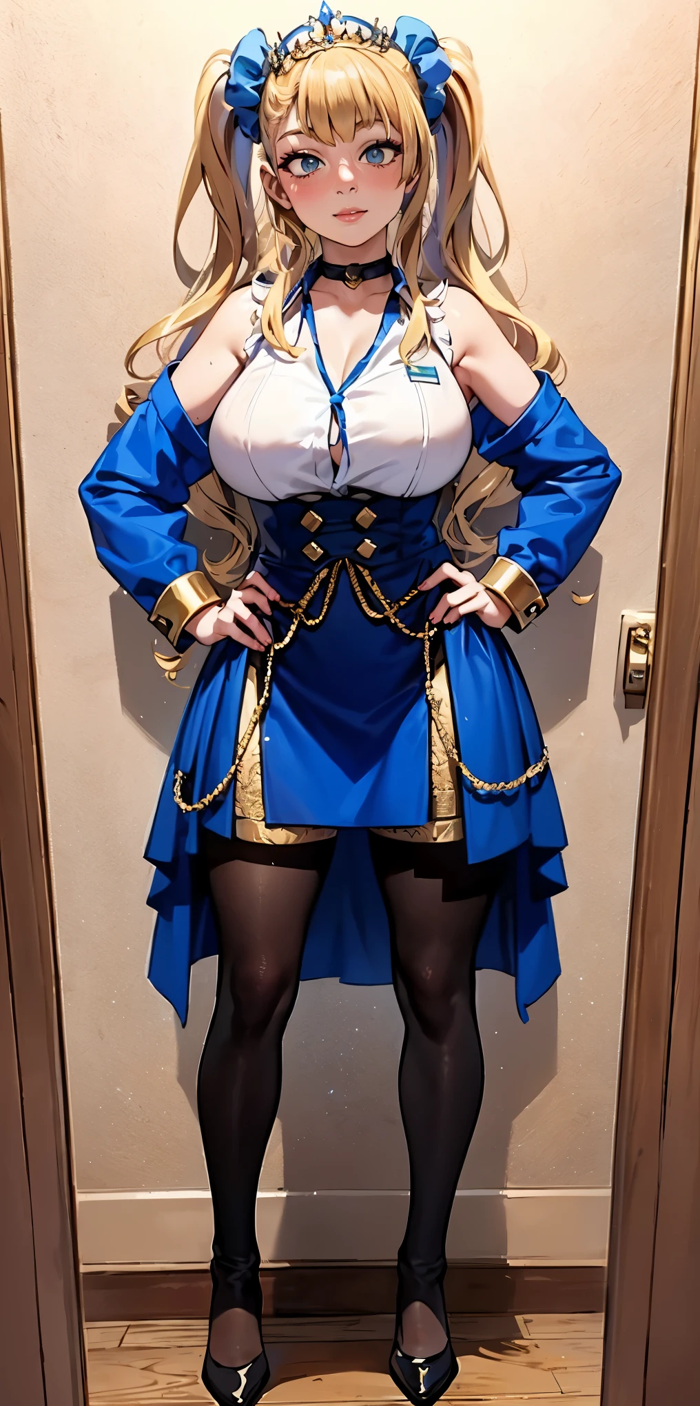 full body standing straight symmetrical, huge cowboy shot, solo 1MILF, lustful smirking smile face, looking at viewer, hands on hips, twintails, twin drills, dress, striped pantyhose, metal handcuffs on their hands with a black maetal slave collar around her neck, cowbell attached to the choker, sleeveless, black stockings, golden tiara
