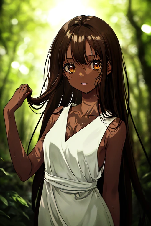 masterpiece, high quality, highres, 1girl, looking at viewer, portrait, face focus, (collarbone), (thighs), ((dark skin)), wet skin, very long Black hair, Each strand of hair is fine, hair between eyes, long bangs, messy hair, Wet hair beautiful and delicate ((brown eye's)), eye's in highlight, catch light eyes, specular highlight eyes, parted lips, (simple ((white)) one piece dress), ((sleeveless)), Yakushima, komorebi, sunlight filtering through the trees, the sunlight shining through the leaves of trees, bokeh, Blurred Backgrounds, depth of field,