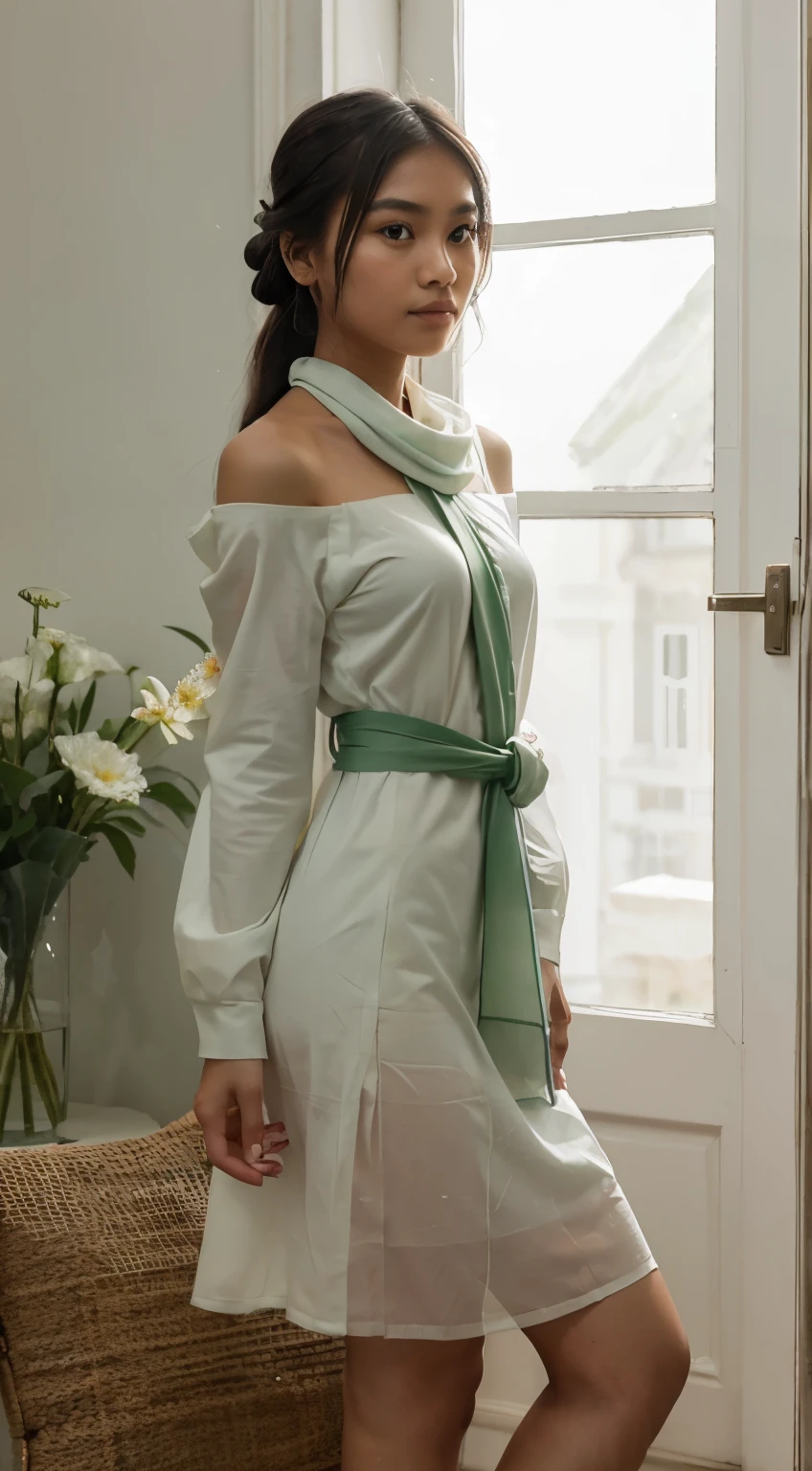 Generate a high-resolution, full-body shot image of a young Burmese girl elegantly dressed in a casual dress white long sleeve top and plain dark green Hta-Mein, a green transparent scarf symmetrically perch on shoulders, a flower on her hair knot , Ensure she embodies grace and poise while standing in a serene, culturally rich setting. The image should showcase intricate floral pattern details and exude an atmosphere of timeless beauty.