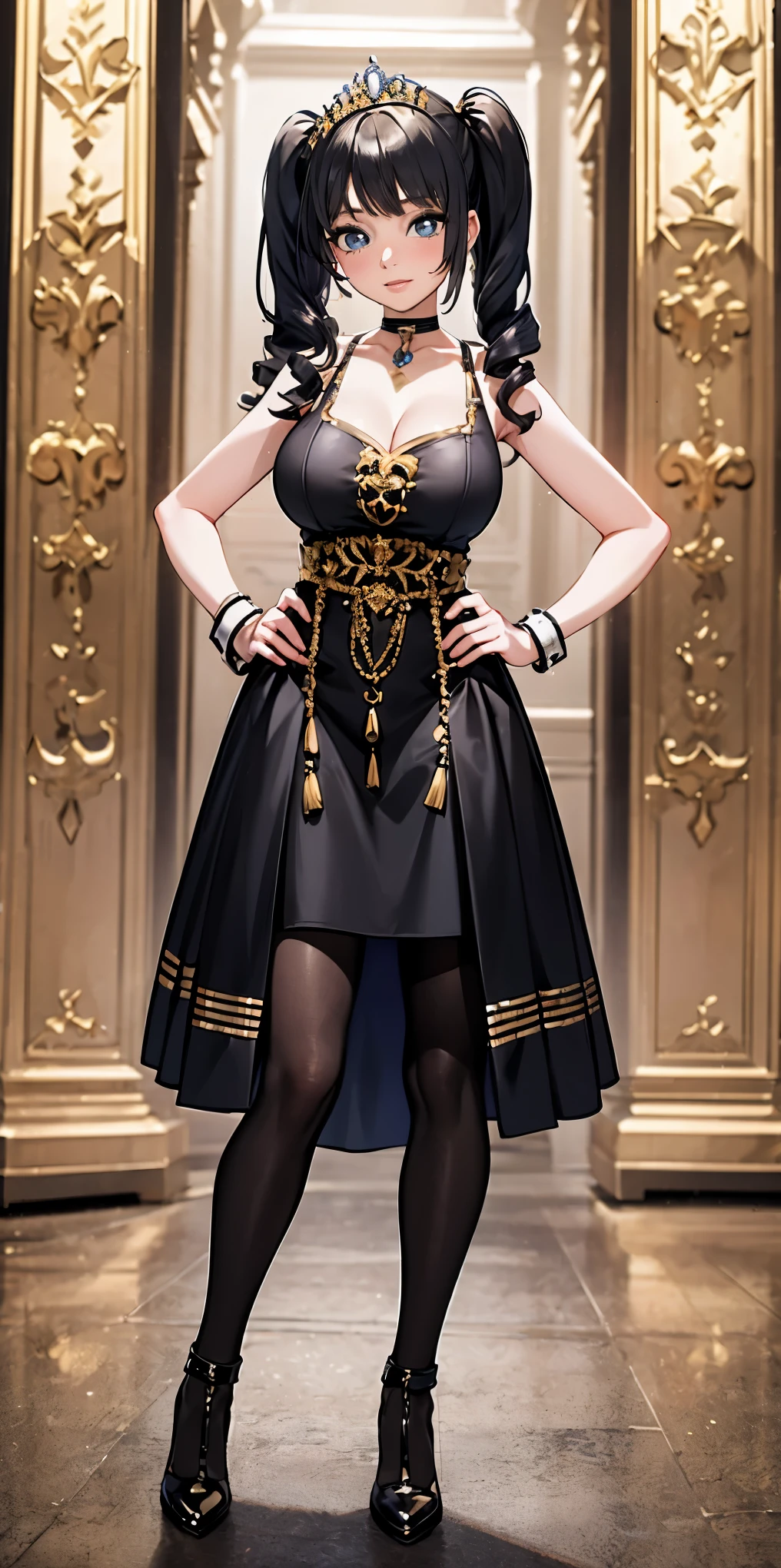 full body standing straight symmetrical, huge cowboy shot, solo 1MILF, lustful smirking smile face, looking at viewer, hands on hips, twintails, twin drills, dress, striped pantyhose, metal handcuffs on their hands with a black maetal slave collar around her neck, cowbell attached to the choker, sleeveless, black stockings, golden tiara
