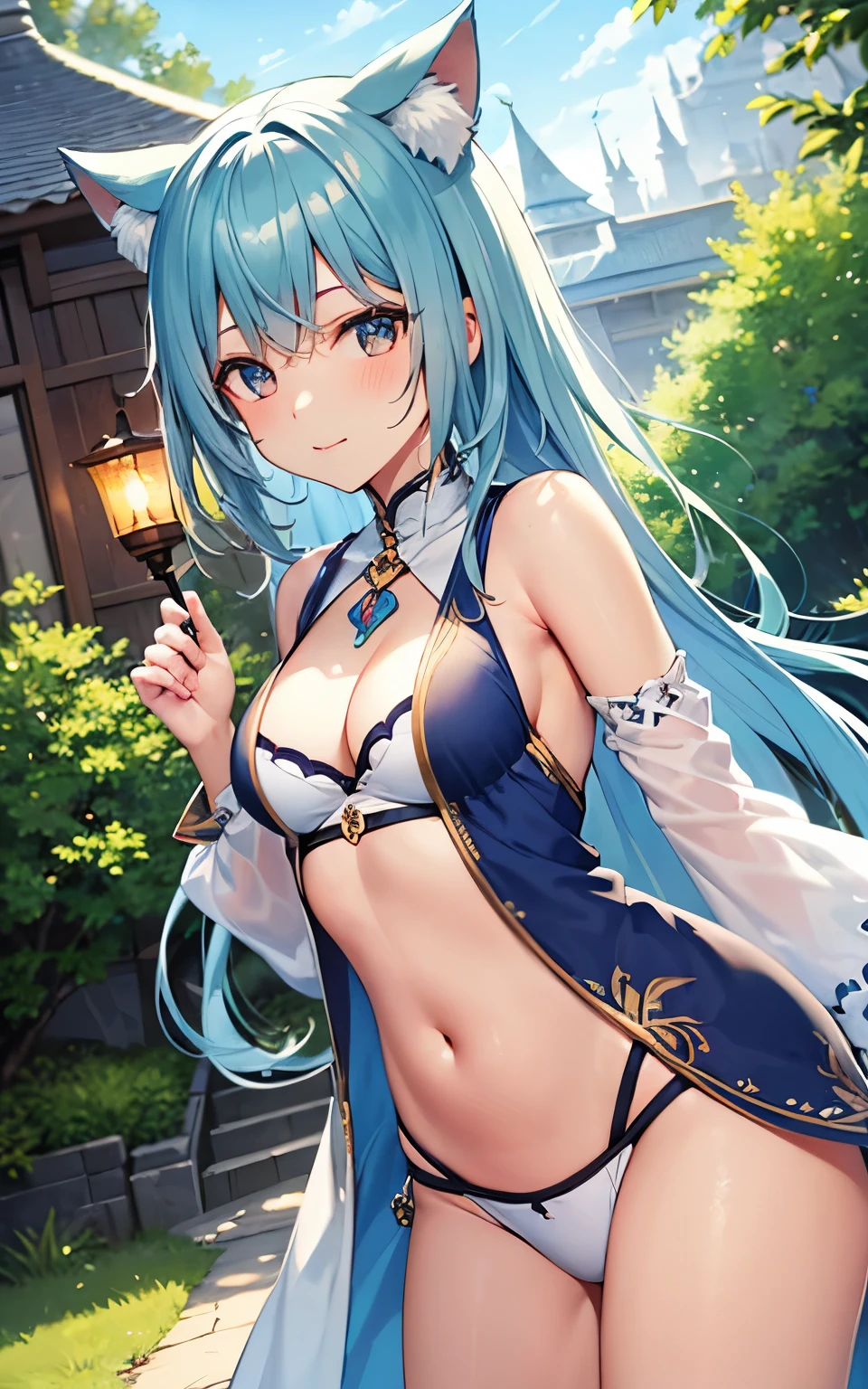 best quality, cute cat ears girl, Cute fantasy world lightly dressed, fantasy world temple, smooth skin,