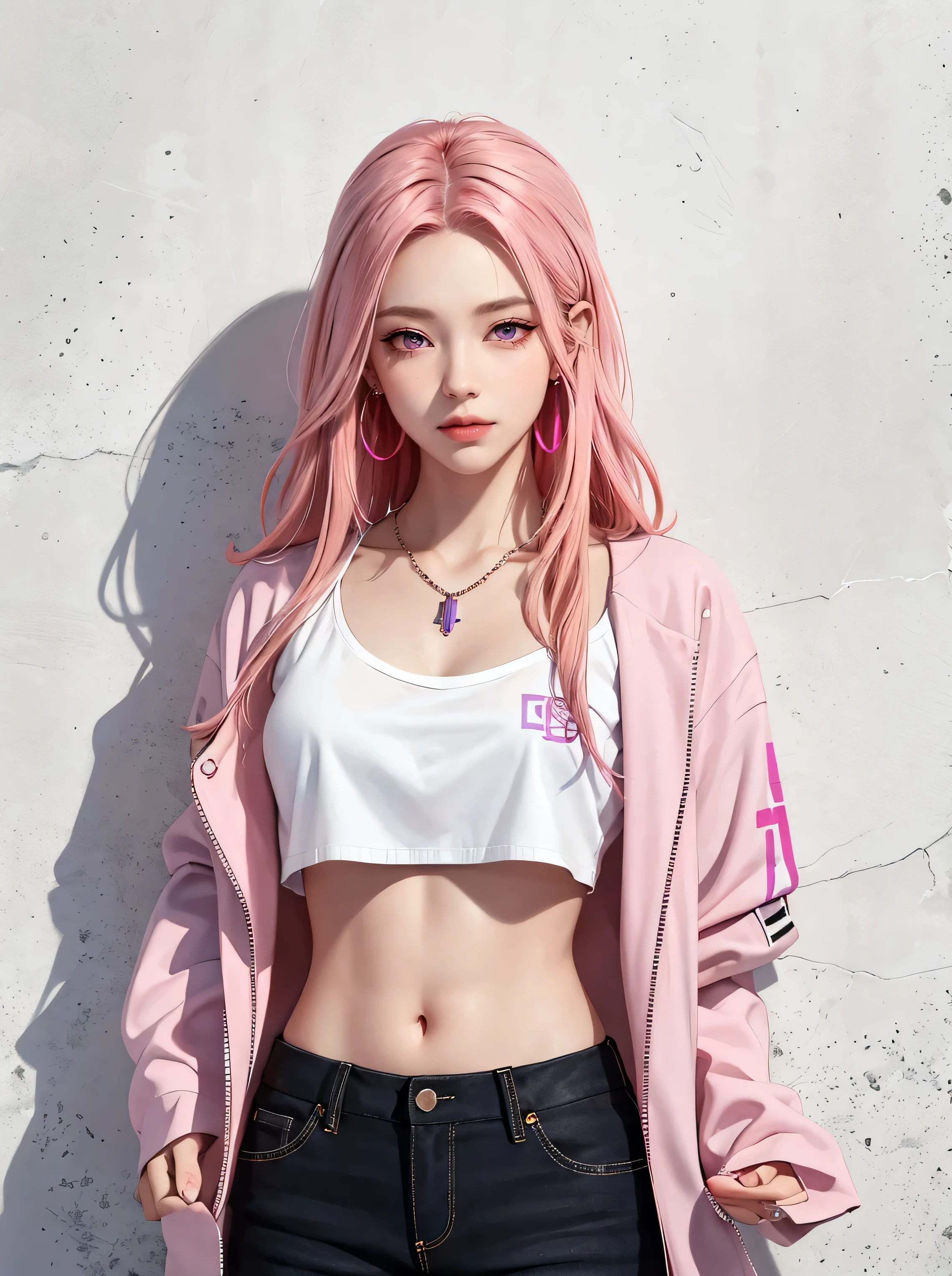 (masterpiece, Best quality, 1 girl, One, complex parts, Chromatic aberration), Realistic, ((average breathing)),long hair, pink hair, Decoration on a red head, Pink highlights, Hair over one eye,Purple eyes, earrings, sharp eyes, Necklace, neon shirt, open jacket, crop top, (eye symmetry),(perfect symmetrical body),near the wall, Brick wall, graffiti, Dim lighting, lane ,look at the viewer