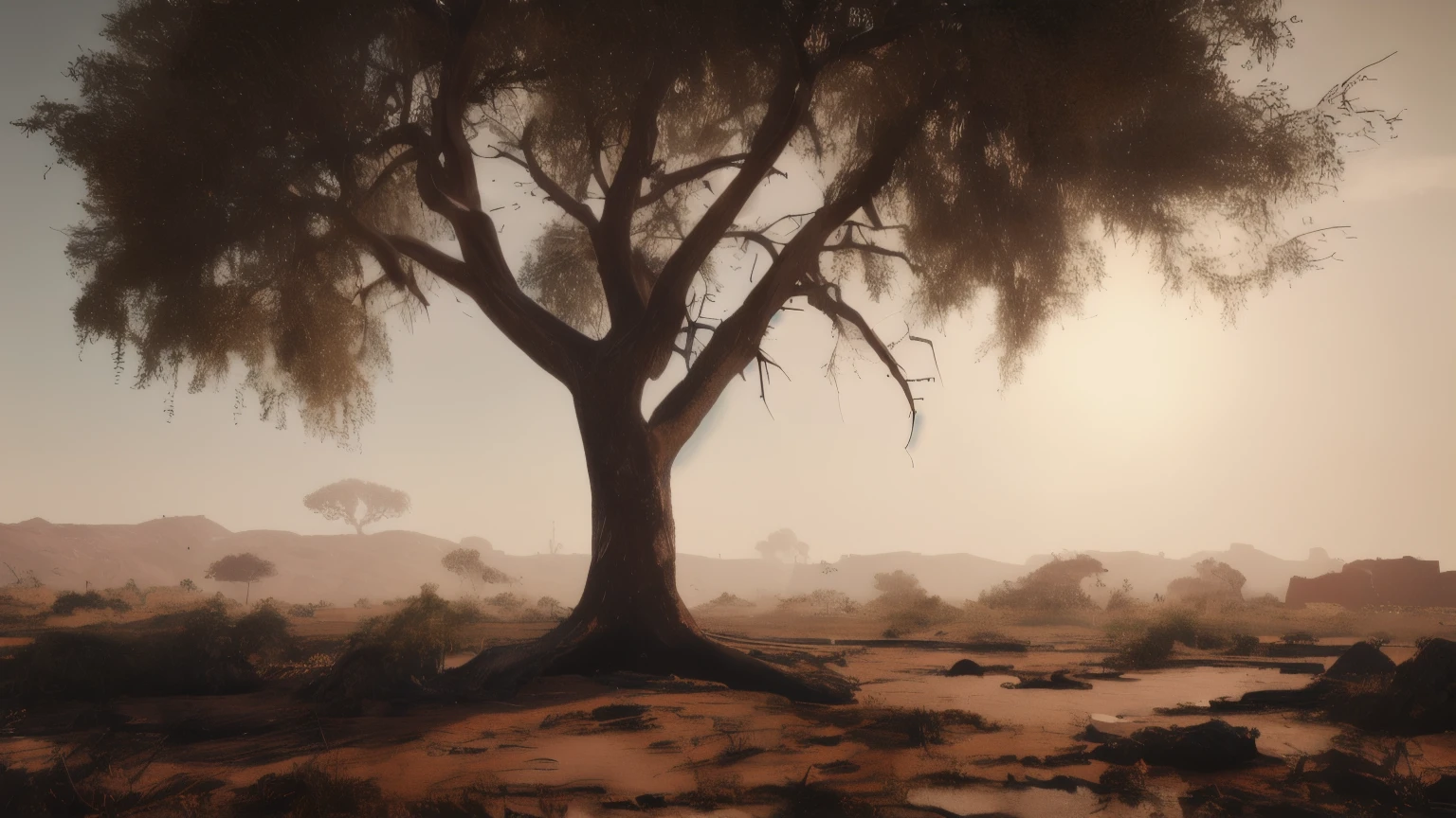 hyper ultra realistic photographs full body of A lone, skeletal tree stands sentinel over a cracked landscape, its branches reaching towards a sky devoid of rain. Scattered around its base lie the brittle remains of other plants, their once vibrant colors faded to dusty hues. What stories do these remnants whisper of a bygone era? ratio 16:9, 4k, 8k resolution, High quality photo, high detailed, imagesharp focus, Cinematic lighting,hyperdetailed & Unreal engine, detail, realism, photography,cinematography, camera NIKON, lens NIKKOR flagship, masterpiece. hyper-maximalism, ultradetailed photorealistic, light skin imperfections, final render, vray, photo, fashion