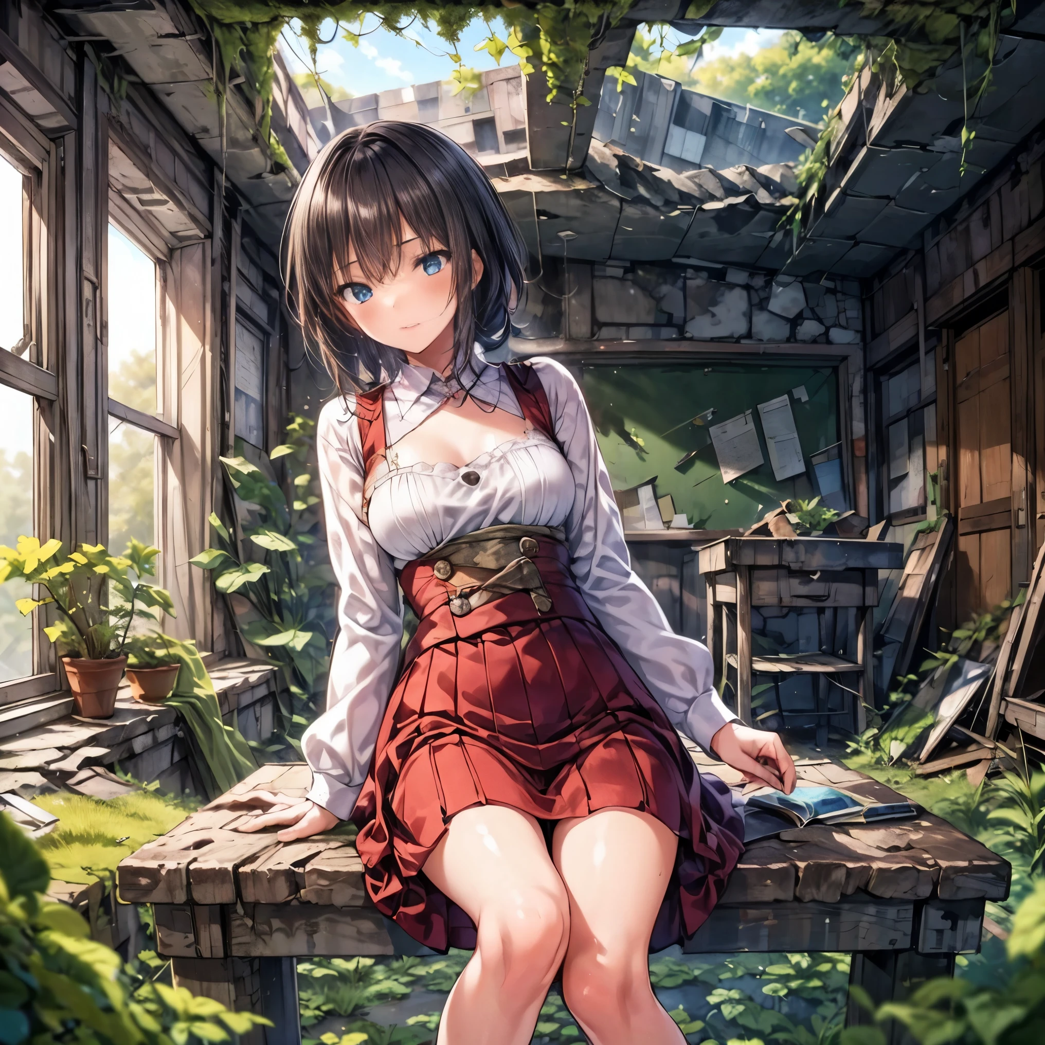 Concept art of a post-apocalyptic world with ruins, overgrown plants, flat chest，((the only girl who survived))，The content is very detailed,Detail view，anime，master piece，dilapidated building right sun，Dilapidated classrooms，Shabby table，Broken chair，open air，(covered with moss and grass)，3、Four&#39;afternoon clock，((Remains))，((A girl is sitting in the classroom and looking into the distance)),side，uniform，twisted braids，vanishing point, prospect, movie lighting，close-up shot shot