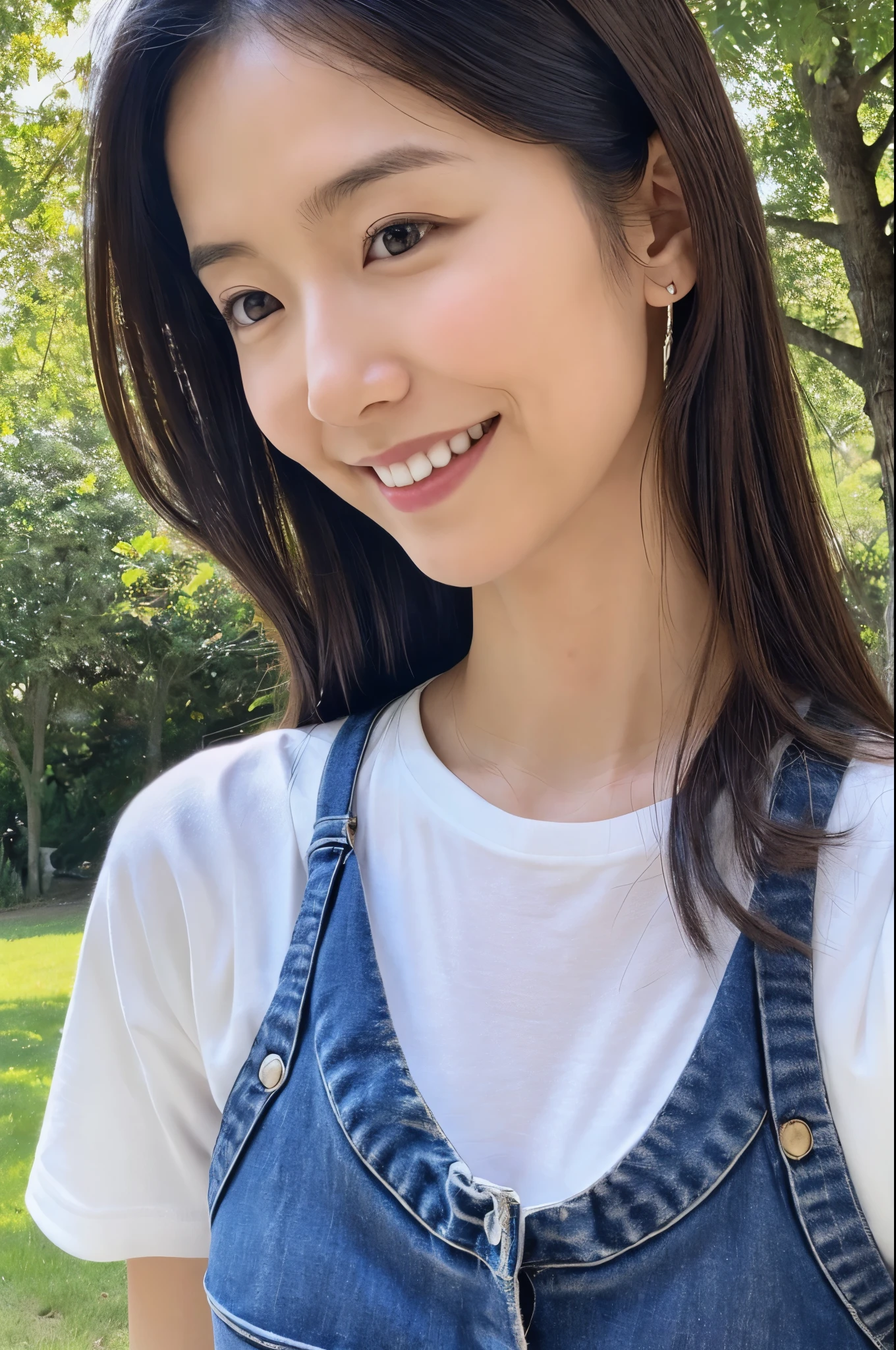 (Skinny Japanese lady),(32 years old), (Slender woman), (),Natural makeup,thin lips,Smiling,The length of hair to the shoulders,Black hair,(She is in a well-lit park),(She has small breasts), (extremely thin waist), (small head), (((She wears a big plain white t-shirt))), ((She wears dark blue denim pants)), (Photorealistic), (Ray tracing), (Sharp Focus), (Detailed face), natural and realistic skin textures, Soft face,  (((Cameltoe))),((perfect anatomia:1.4))