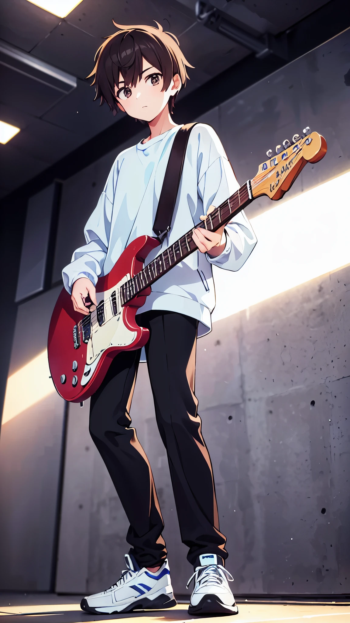 1 guy, fullbody, tall, skinny, short dark brown hair, light brown eyes, wearing plain white shirt, light blue jacket, loose black trousers, sport shoes, playing electric guitar, campus, absurdres, high res, masterpiece, looking at viewer, eye-level angle