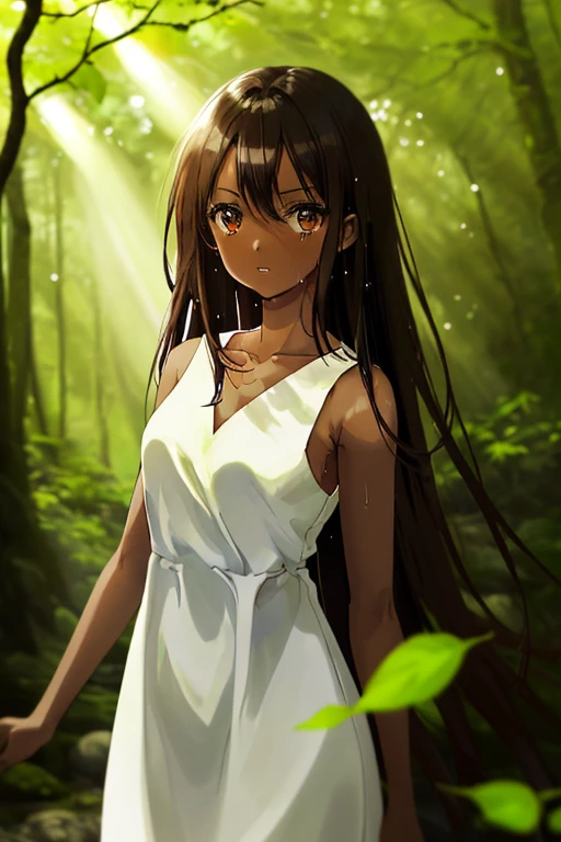 masterpiece, high quality, highres, 1girl, looking at viewer, portrait, face focus, (collarbone), (thighs), ((dark skin)), wet skin, very long Black hair, Each strand of hair is fine, hair between eyes, long bangs, messy hair, Wet hair beautiful and delicate ((brown eye's)), eye's in highlight, catch light eyes, specular highlight eyes, parted lips, (simple ((white)) one piece dress), ((sleeveless)), Yakushima, komorebi, sunlight filtering through the trees, the sunlight shining through the leaves of trees, bokeh, Blurred Backgrounds, depth of field,