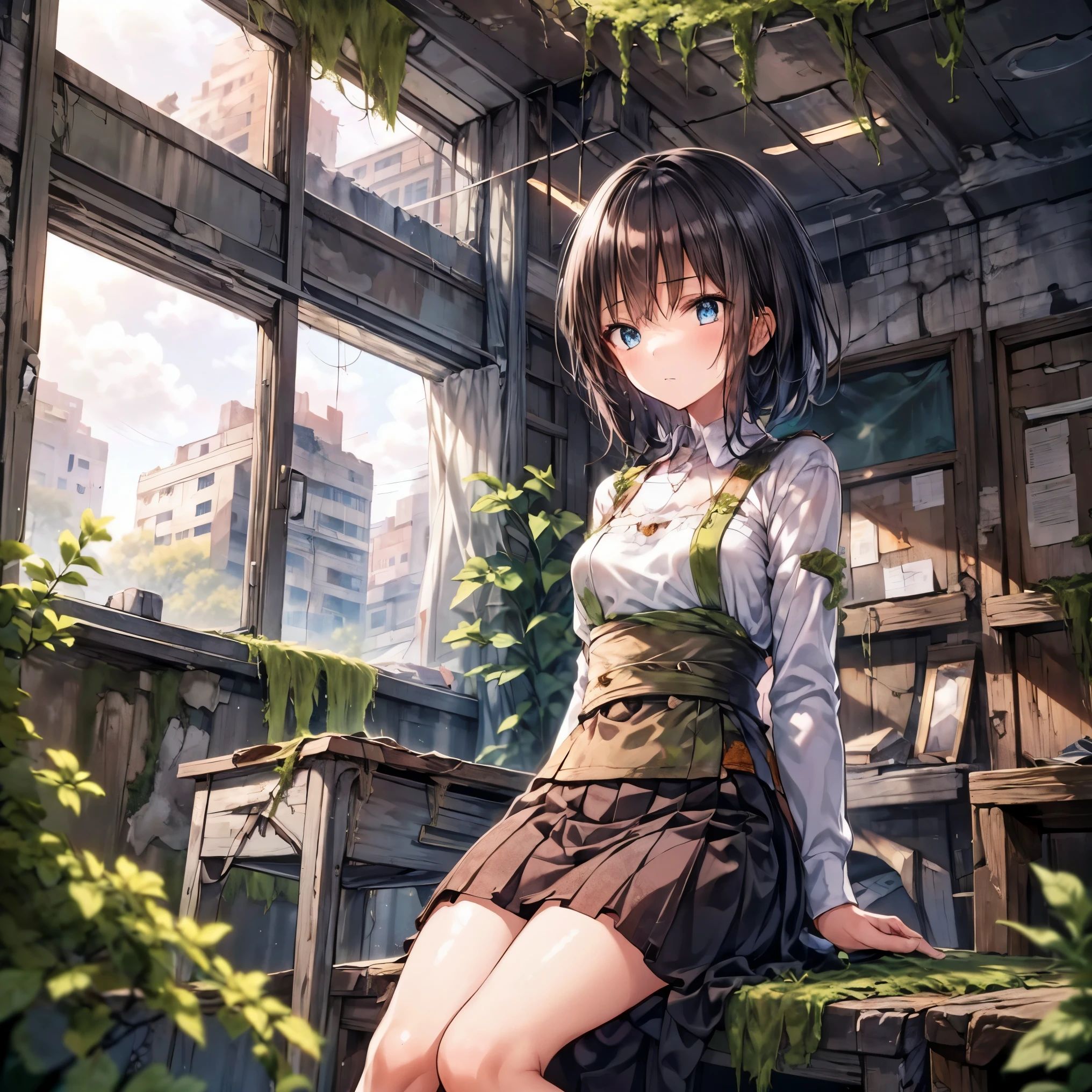 Concept art of a post-apocalyptic world with ruins, overgrown plants, flat chest，((the only girl who survived))，The content is very detailed,Detail view，anime，master piece，dilapidated building right sun，Dilapidated classrooms，Shabby table，Broken chair，open air，(covered with moss and grass)，3、Four&#39;afternoon clock，((Remains))，((A girl is sitting in the classroom and looking into the distance)),side，uniform，twisted braids，vanishing point, prospect, movie lighting，close-up shot shot