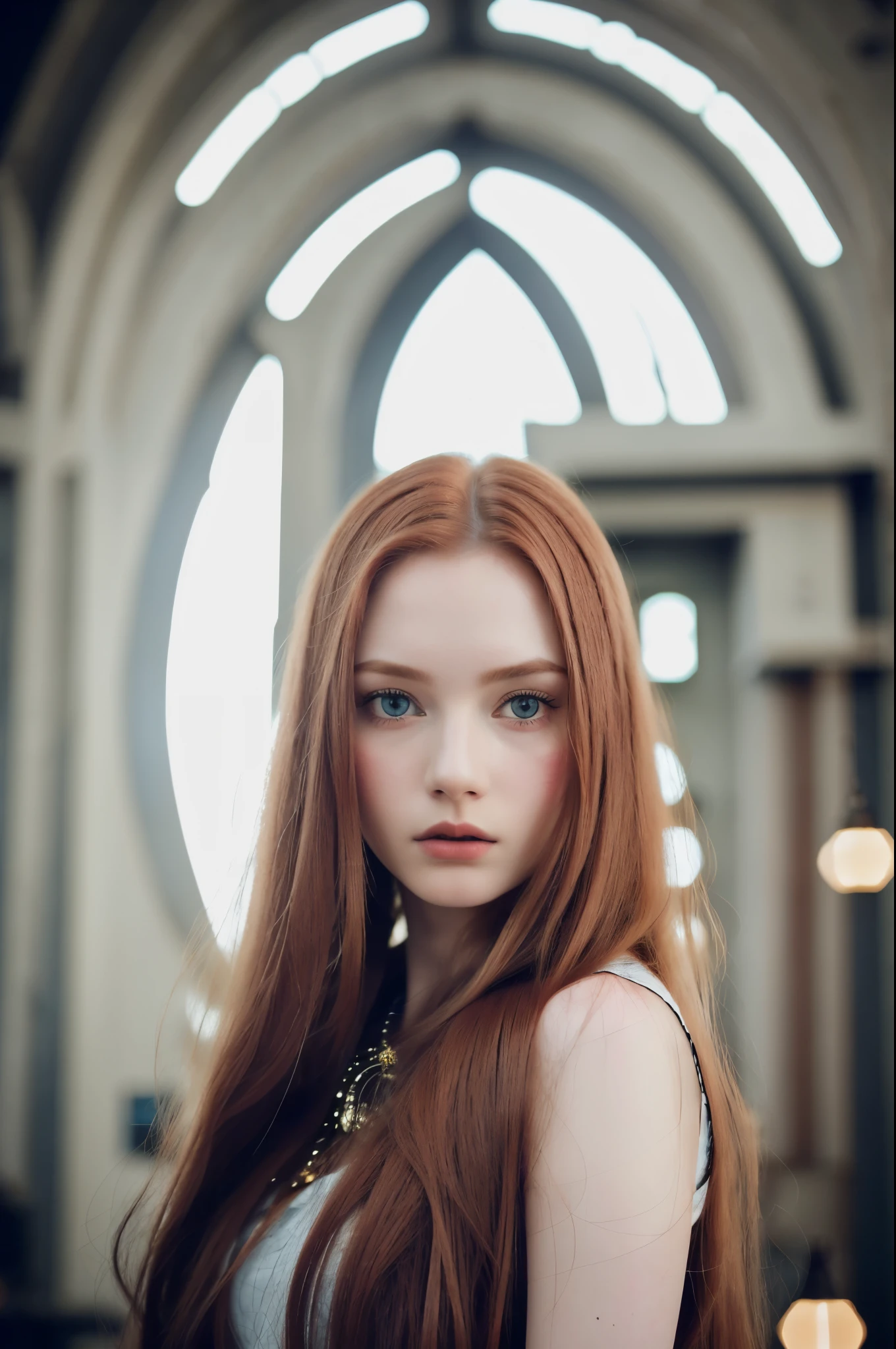 ginger, woman, long hair, blue eyes, beautiful, gorgeous, pale hair, detailed background, RAW photo, subject, 8k, soft lighting, high quality, film grain, Fujifilm future ambient world mechanism metals ornament and circuits,