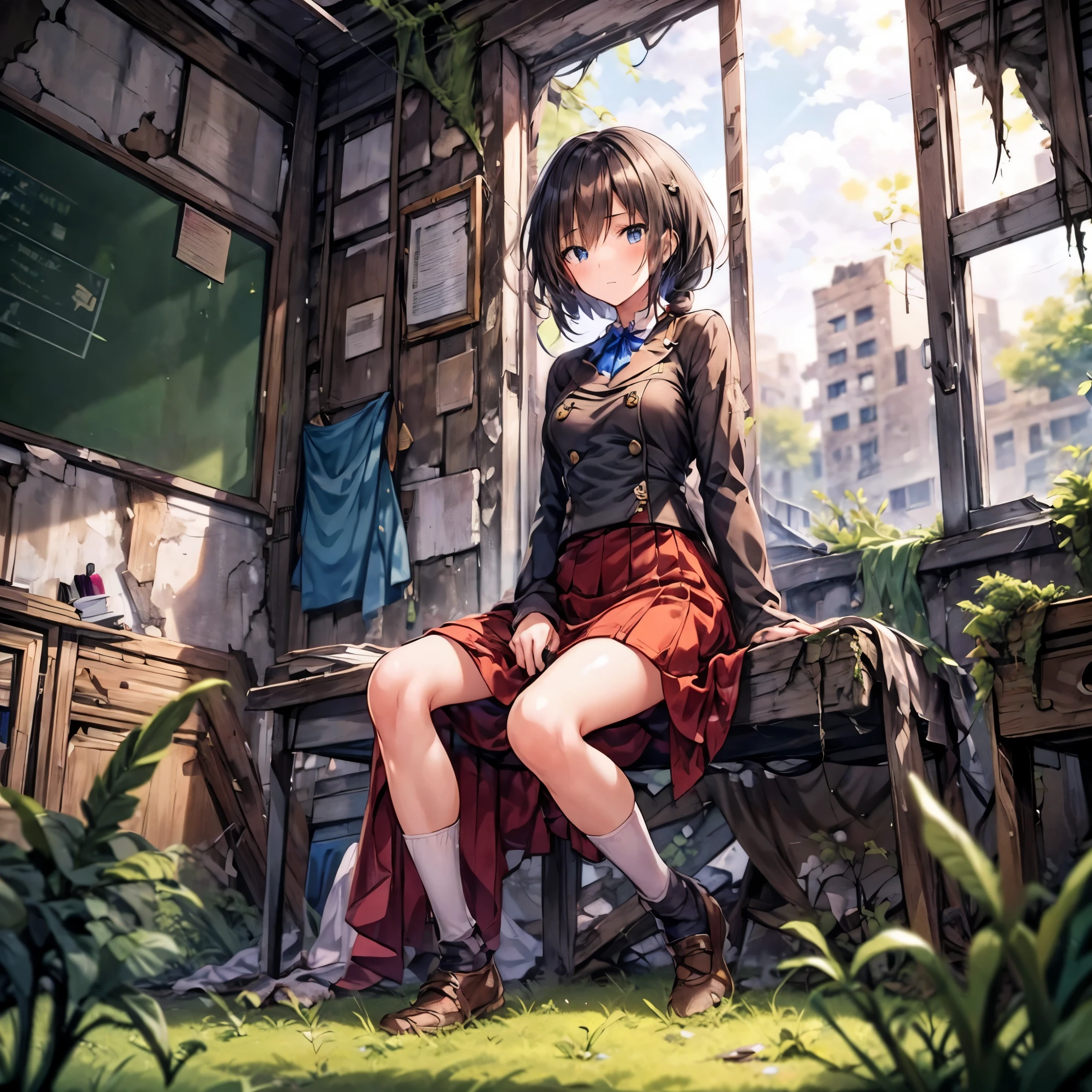 Concept art of a post-apocalyptic world with ruins, overgrown plants, flat chest，((the only girl who survived))，The content is very detailed,Detail view，anime，master piece，dilapidated building right sun，Dilapidated classrooms，Shabby table，Broken chair，open air，(covered with moss and grass)，3、Four&#39;afternoon clock，((Remains))，((A girl is sitting in the classroom and looking into the distance)),side，uniform，twisted braids，vanishing point, prospect, movie lighting，close-up shot shot