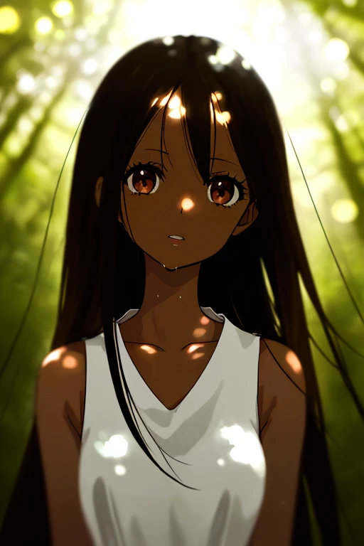 masterpiece, high quality, highres, 1girl, looking at viewer, portrait, face focus, (collarbone), (thighs), ((dark skin)), wet skin, very long Black hair, Each strand of hair is fine, hair between eyes, long bangs, messy hair, Wet hair beautiful and delicate ((brown eye's)), eye's in highlight, catch light eyes, specular highlight eyes, parted lips, (simple ((white)) one piece dress), ((sleeveless)), Yakushima, komorebi, sunlight filtering through the trees, the sunlight shining through the leaves of trees, bokeh, Blurred Backgrounds, depth of field,