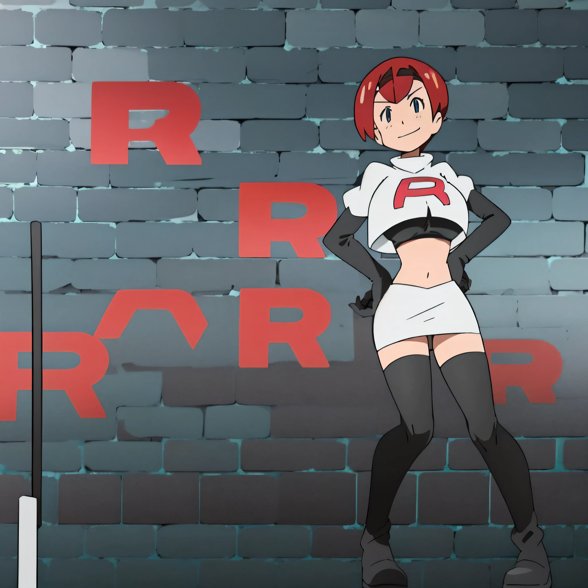 8k, anime screencap,1girl in, (solo:1.1), (perfect body:1.1), (best quality:1.1), very large breast, team rocket uniform, red letter r, white skirt,white crop top,black thigh-high boots, black elbow gloves, evil smile, looking down at viewer, hands on hips,zettai ryouiki,