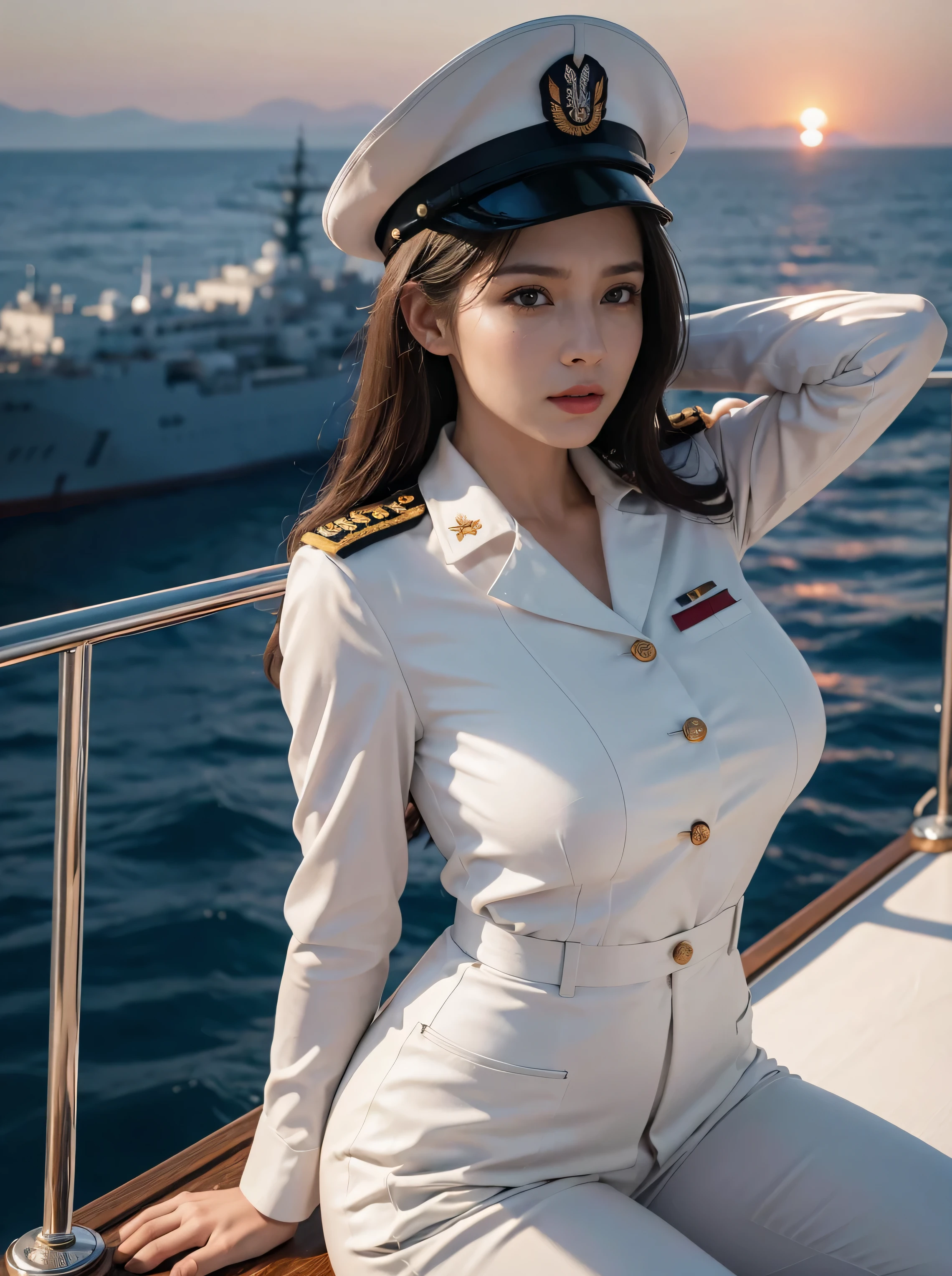 (8K,photorealistic, raw photo, top quality;1.4) , (1 mature woman), super beauty (Realistic face) Woman in white uniform posing on a warship, big breasts, Woman in military uniform, military uniform trousers, beautiful expression, real leather, super high resolution, Accuracy details, The deck of a warship, sunset,1 girl