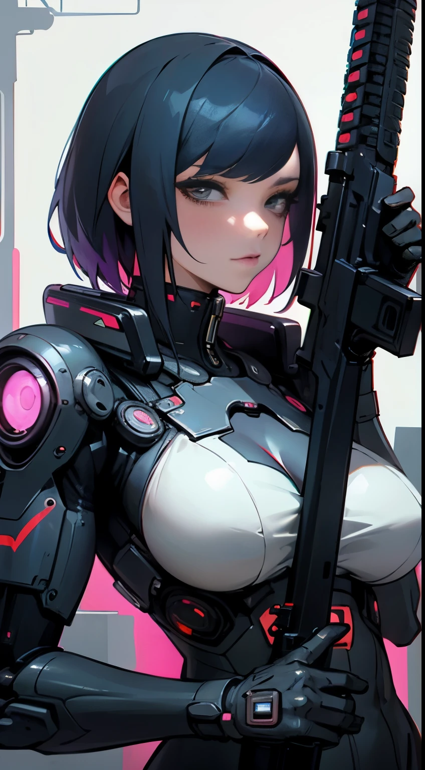 Artistic poster,Soft NSFW,adult Cyborg on Female NSFW,Cyberpunk,Mechanical body,erotic posing,fantrome,Hentai,kawaii MILF,Stylish,,busty,Glamour,Psychedelic Costume,Armored,Cyberpunk dystopian girl,Fantastic Dystopia,Dystopian landscape,bladerunner,Ghost in the Shell,Photorealistic,Psychedelic and colorful tones,Posing,Armed,guns,arma,masutepiece,ultimate detailed,8K,Detailed background