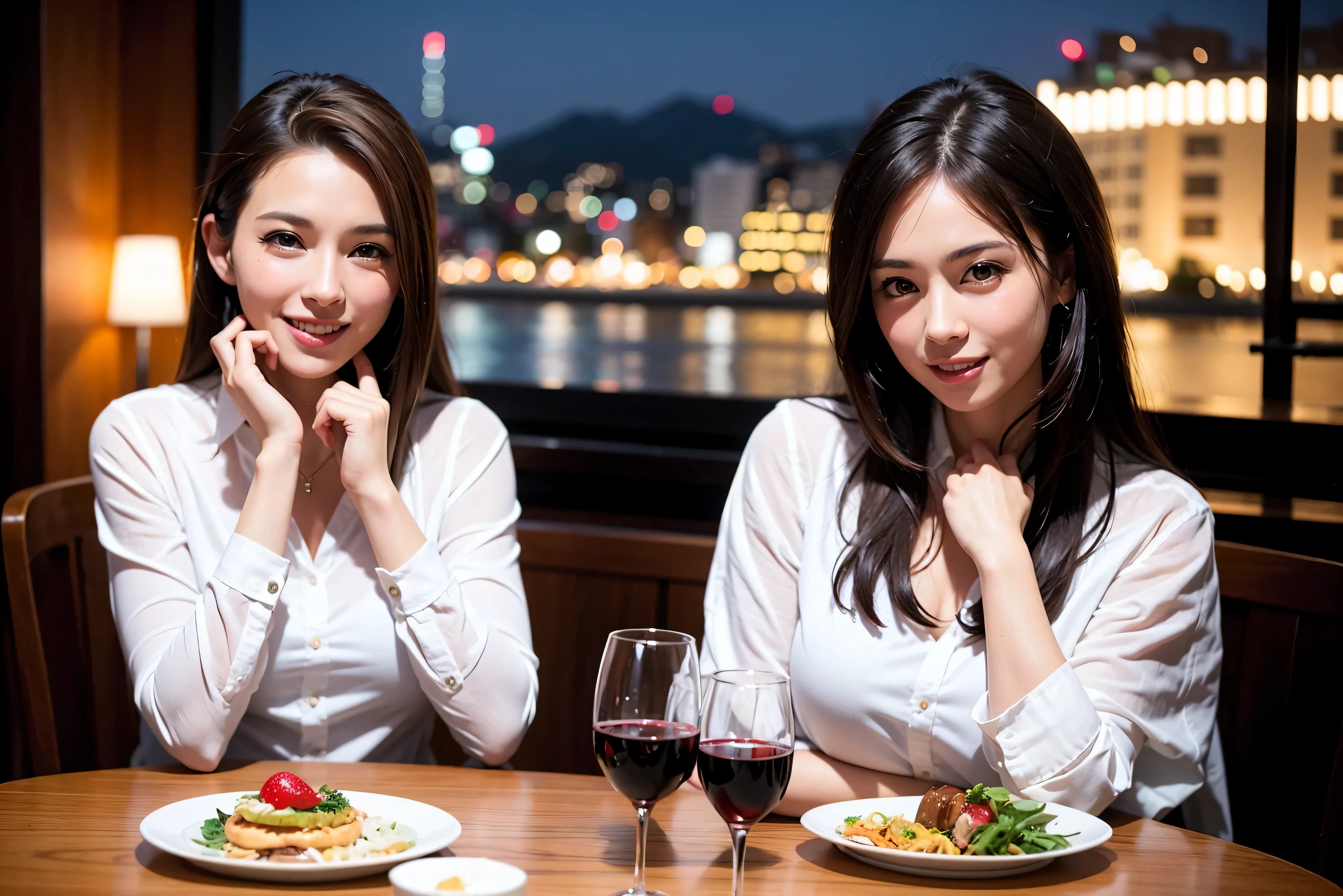 64k, UHD, highest quality, masterpiece: 1.2), (realistic, photorealistic: 1.37),5-people、やわらかなsmile、gentle expression、 Super detailed, celebration party、beauty、charm、beautiful mature woman、3 women who love wine、three men、Kobe、Yokohama、champagne、Sparkling wine、winter night、restaurantでワイン宴会、(slimな男女4名),(Wine party for 5 people)、(slimフェイス),Happy、 最高なsmile、Fox Face、Berry Short、(because I&#39;thin), (brown hair), (shortcut), long sleeve shirt、winter fashion、Colombia、Brazilian、Japanese、Dutch、German、Portuguese、Belgian、Italian、french, (gushing), (slimボティ), (brown hair), (shortcut), 端正なbeauty、cheeks blush a little, (41 years old), 38 years old, 35 years old、32 years old、 A beautiful and detailed night view spreads out outside the window........., restaurant, wine glassが座っている, At night, in a prominent place (from the Upper body) nova frog style, actress, model, Upper body, White wine, slim, wine glass, very beautiful night view, wine glass Put in the Middle, Happy smile, (smile: 1.15),