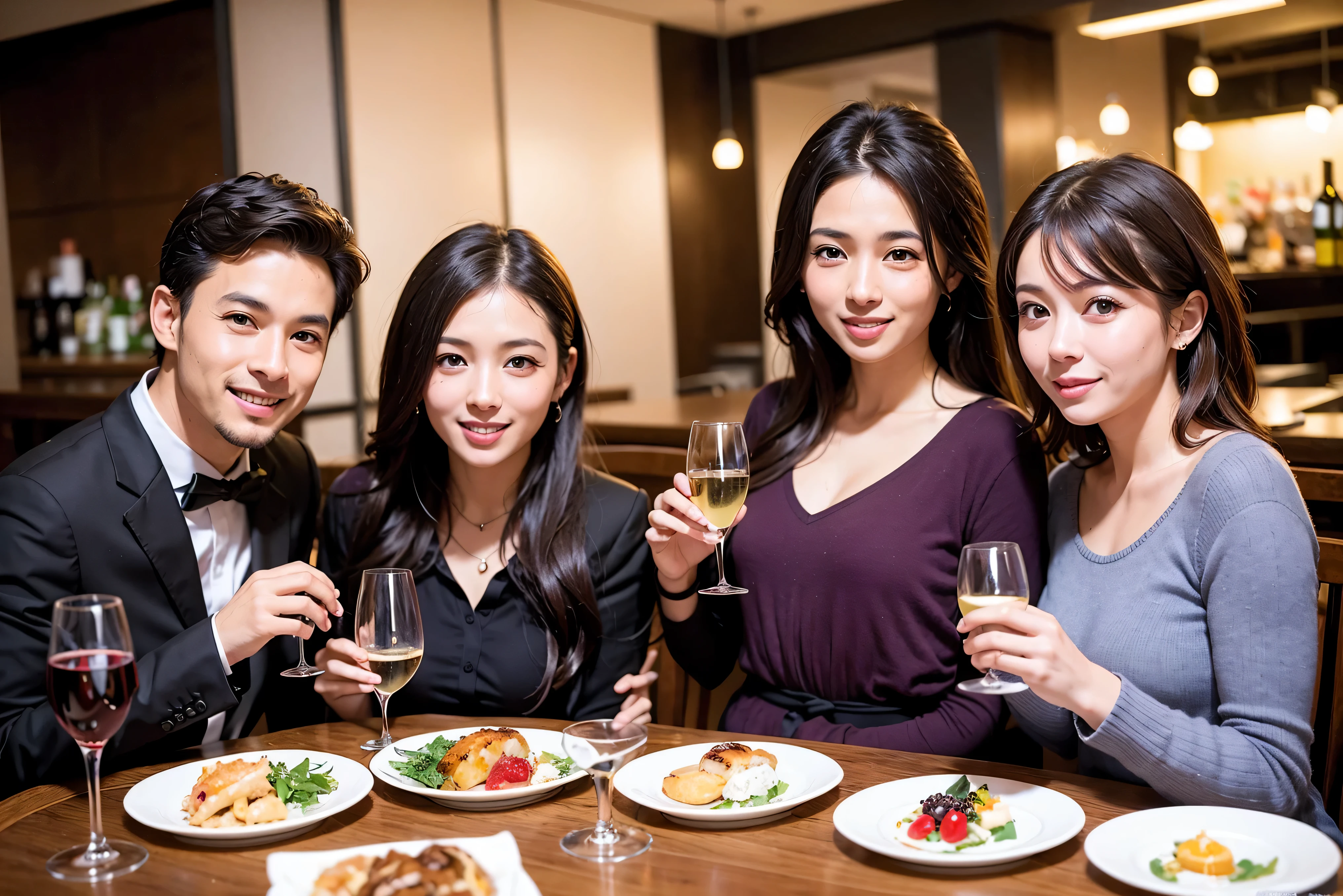64k, UHD, highest quality, masterpiece: 1.2), (realistic, photorealistic: 1.37),5-people、やわらかなsmile、gentle expression、 Super detailed, celebration party、beauty、charm、beautiful mature woman、3 women who love wine、three men、Kobe、Yokohama、champagne、Sparkling wine、winter night、restaurantでワイン宴会、(slimな男女4名),(Wine party for 5 people)、(slimフェイス),Happy、 最高なsmile、Fox Face、Berry Short、(because I&#39;thin), (brown hair), (shortcut), long sleeve shirt、winter fashion、Colombia、Brazilian、Japanese、Dutch、German、Portuguese、Belgian、Italian、french, (gushing), (slimボティ), (brown hair), (shortcut), 端正なbeauty、cheeks blush a little, (41 years old), 38 years old, 35 years old、32 years old、 A beautiful and detailed night view spreads out outside the window........., restaurant, wine glassが座っている, At night, in a prominent place (from the Upper body) nova frog style, actress, model, Upper body, White wine, slim, wine glass, very beautiful night view, wine glass Put in the Middle, Happy smile, (smile: 1.15),