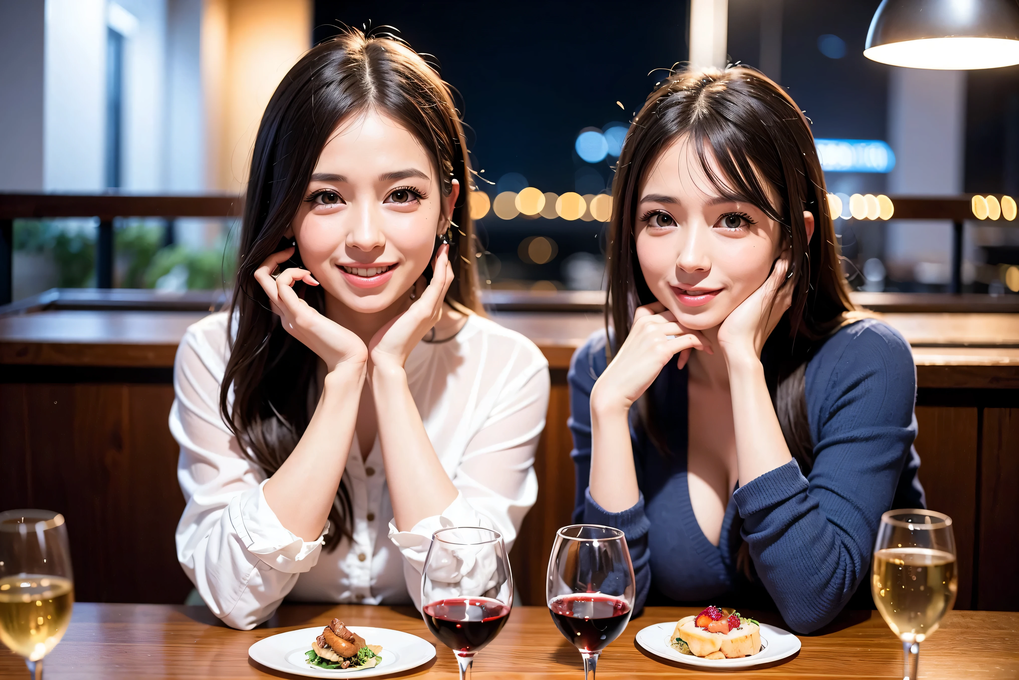 64k, UHD, highest quality, masterpiece: 1.2), (realistic, photorealistic: 1.37),5-people、やわらかなsmile、gentle expression、 Super detailed, celebration party、beauty、charm、beautiful mature woman、3 women who love wine、three men、Kobe、Yokohama、champagne、Sparkling wine、winter night、restaurantでワイン宴会、(slimな男女4名),(Wine party for 5 people)、(slimフェイス),Happy、 最高なsmile、Fox Face、Berry Short、(because I'thin), (brown hair), (shortcut), long sleeve shirt、winter fashion、Colombia、Brazilian、Japanese、Dutch、German、Portuguese、Belgian、Italian、french, (gushing), (slimボティ), (brown hair), (shortcut), 端正なbeauty、cheeks blush a little, (41 years old), 38 years old, 35 years old、32 years old、 A beautiful and detailed night view spreads out outside the window........., restaurant, wine glassが座っている, At night, in a prominent place (from the Upper body) nova frog style, actress, model, Upper body, White wine, slim, wine glass, very beautiful night view, wine glass Put in the Middle, Happy smile, (smile: 1.15),