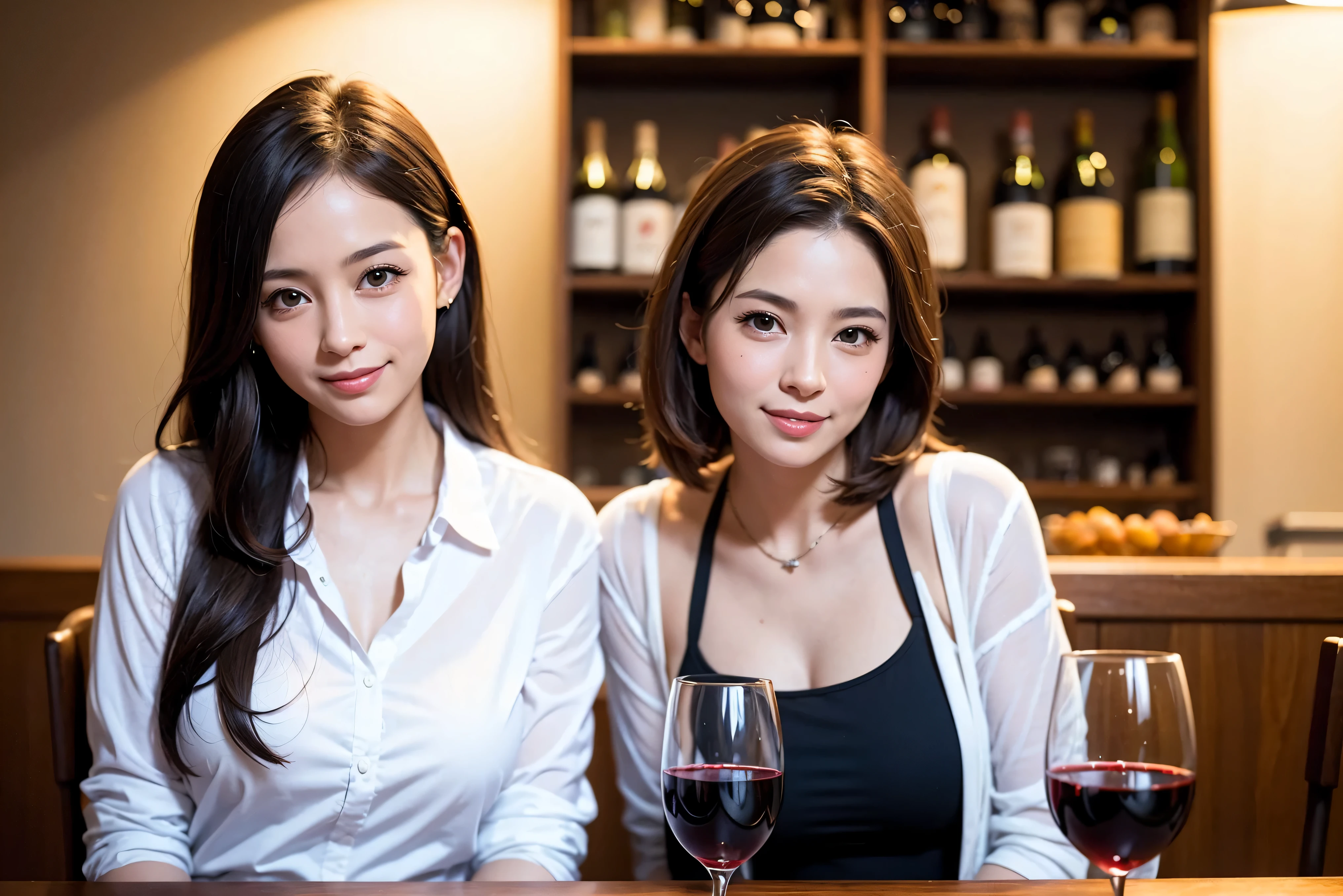 64k, UHD, highest quality, masterpiece: 1.2), (realistic, photorealistic: 1.37),5-people、やわらかなsmile、gentle expression、 Super detailed, celebration party、beauty、charm、beautiful mature woman、3 women who love wine、three men、Kobe、Yokohama、champagne、Sparkling wine、winter night、restaurantでワイン宴会、(slimな男女4名),(Wine party for 5 people)、(slimフェイス),Happy、 最高なsmile、Fox Face、Berry Short、(because I'thin), (brown hair), (shortcut), long sleeve shirt、winter fashion、Colombia、Brazilian、Japanese、Dutch、German、Portuguese、Belgian、Italian、french, (gushing), (slimボティ), (brown hair), (shortcut), 端正なbeauty、cheeks blush a little, (41 years old), 38 years old, 35 years old、32 years old、 A beautiful and detailed night view spreads out outside the window........., restaurant, wine glassが座っている, At night, in a prominent place (from the Upper body) nova frog style, actress, model, Upper body, White wine, slim, wine glass, very beautiful night view, wine glass Put in the Middle, Happy smile, (smile: 1.15),