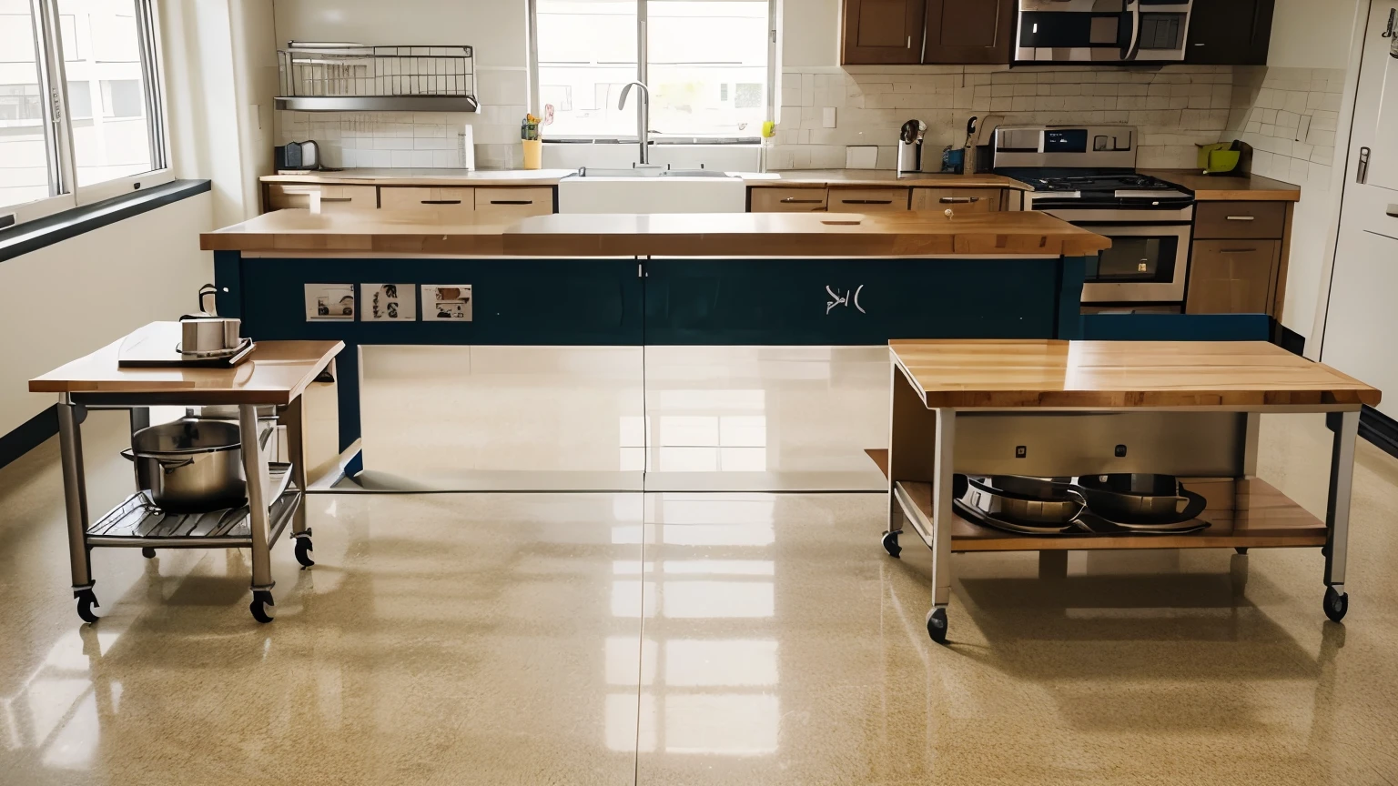 We are considering building a kitchen for a high school to teach students how to prepare nutritious meals,Please help me generate a floor plan for such a classroom.Requirement 1.Simple decoration。 2.Picture contains all kitchen equipment 3. Need graphic design
