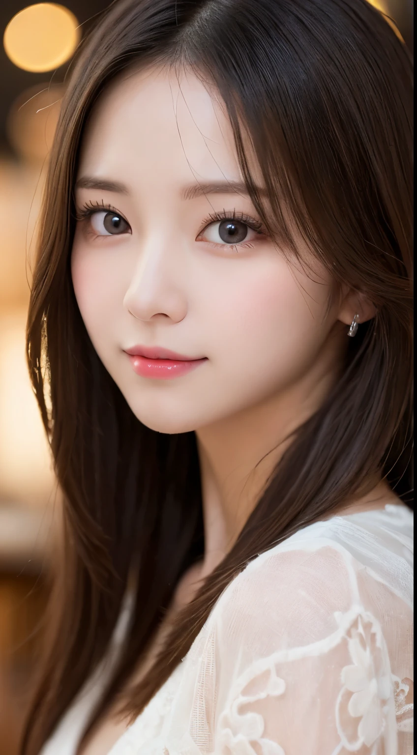 table top, highest quality, shape, Super detailed, finely, High resolution, 8k wallpaper, 完璧なダイナミックな構shape, beautiful and detailed eyes, classy and gorgeous winter dress,straight hair,,natural color lip,smile,20 year old girl、cute、Sexy looking at camera,Always blur the background,perfect and beautiful face,Take only the face,beautiful and detailed face、slim face and style、Big eyes、elegant face、beautiful and detailed face、KPOP idol face、japan idol face、Big eyes、Party venue on the top floor of a high-rise hotel、blur background、Take a full body photo