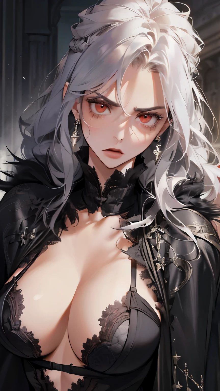 (best quality,highres:1.2),ultra-detailed,realistic:1.37,a sexy, mature and beautiful lady wearing a black royal robe, complete with lace lingerie, showcasing her angry expression, with a close-up shot of her chest, white hair, red eyes, and revealing her underwear