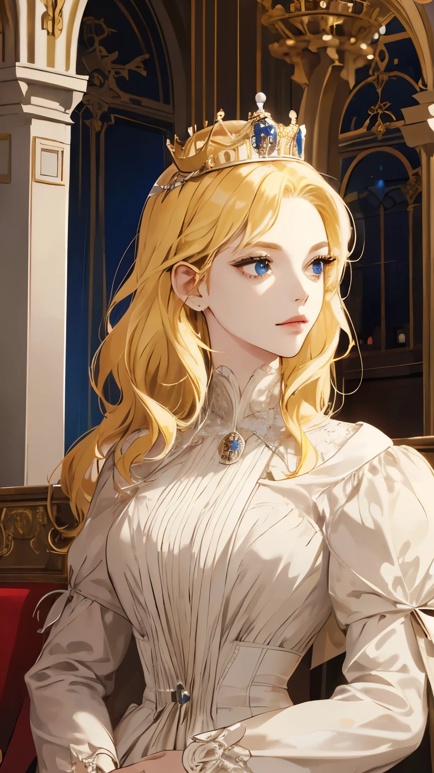 (high quality, sharp focus) 1girl, 2 boy, different hair color, blonde hair girl, royal era, beautiful dress, castle things, crown, cinematic graphic