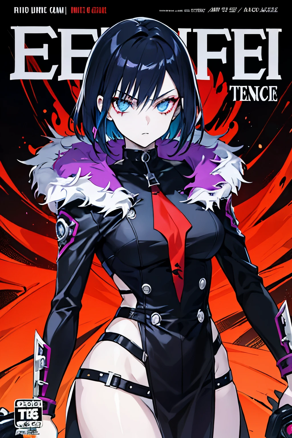 The image showcases a rebellious and avant-garde young anime woman with a stylish fusion of human and demonic elements. She stands confidently with a bold and expressive gaze, transmitting an aura of defiance and innovation. The background is dynamic, featuring a contrasting blend of vibrant colors and dark elements, adding to the overall mystique and charm of the scene. The text is visually striking, with a catchy headline and modern, trendy font that perfectly complements the image's edgy aesthetic. tachi-e (magazine:1.3), (cover-style:1.3), fashionable, woman, vibrant, outfit, posing, front, colorful,