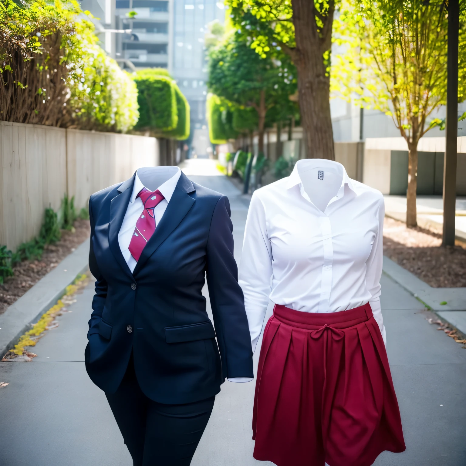 two girls love each other, school blouse, school dress pants, school bag, stripe tie on neck, blazer, (invisible, no humans, headless, faceless:1.5), chubby, fat, cute big breasts, (8k, RAW photo, best quality, masterpiece, high resolution:1.2), (realistic, photo-realistic:1.37), photon mapping, radiosity, ((Hasselblad photography)), physically-based rendering