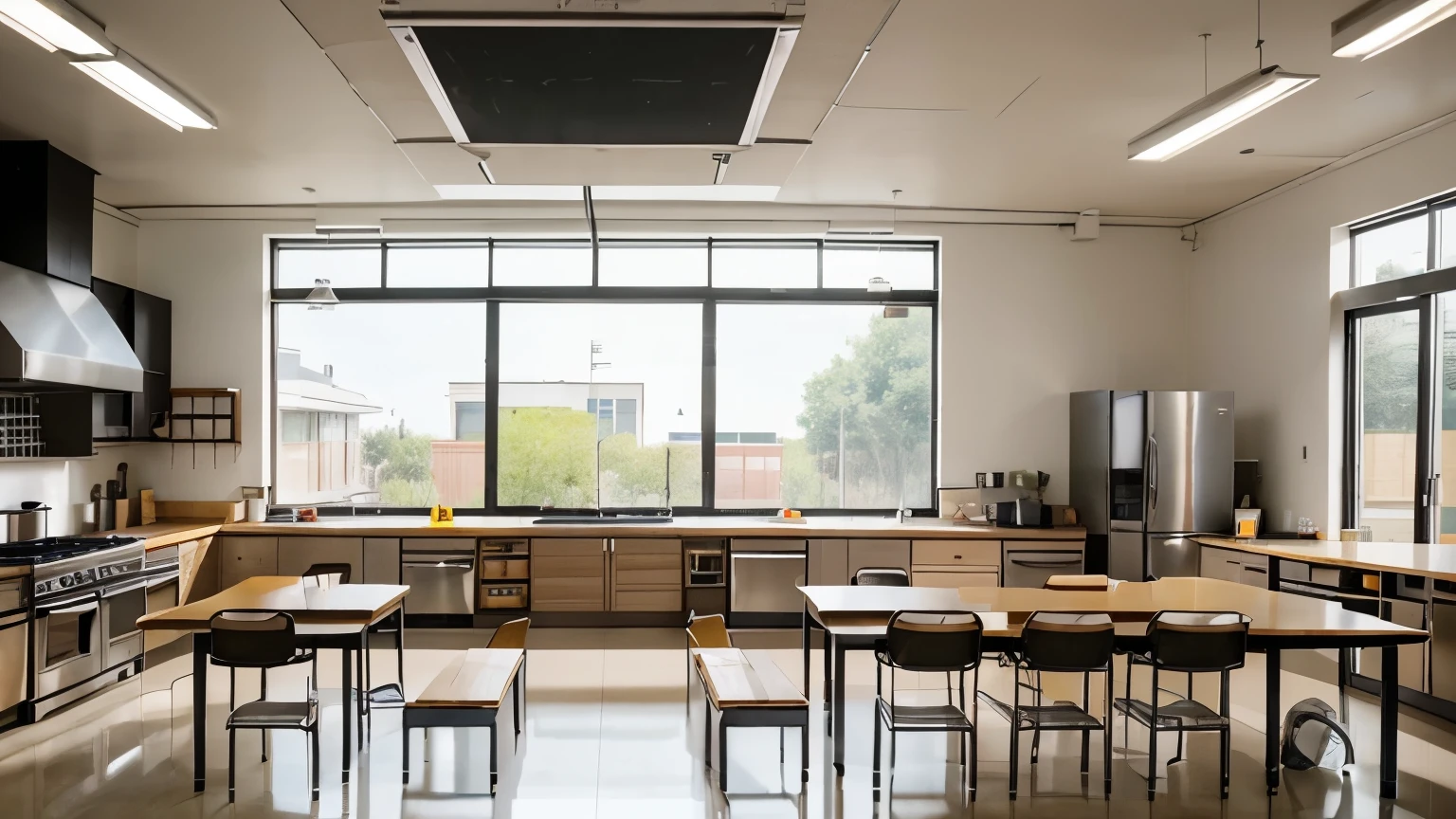 We are considering building a kitchen for a high school to teach students how to prepare nutritious meals,Please help me generate a floor plan for such a classroom.Requirement 1.Simple decoration。 2.Picture contains all kitchen equipment 3. Need graphic design
