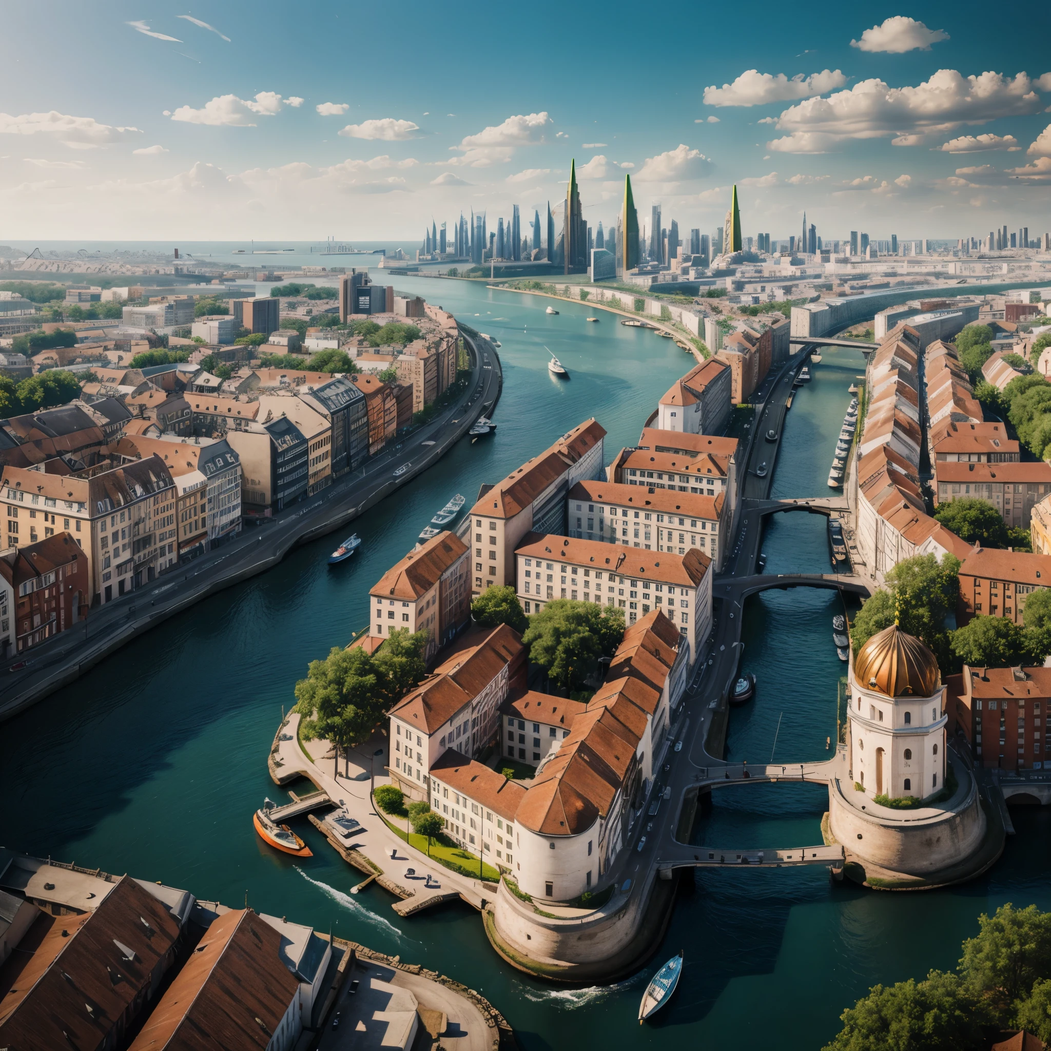 Landscape with buildings, (Androgynous:1.6), hyper realistic, 8k, vibrant colors, sharp image