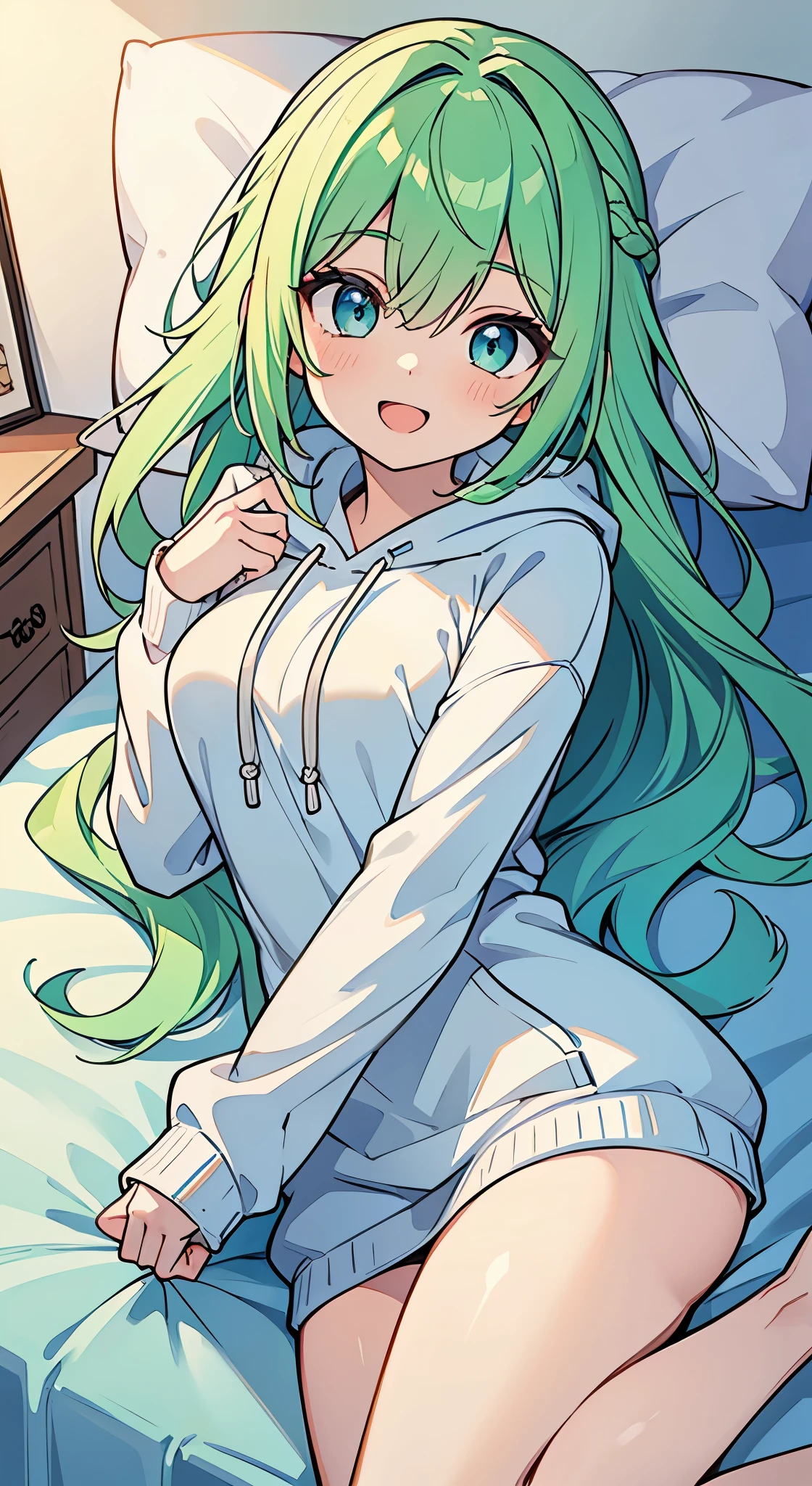 ((A Pretty girl with green hair and blue eyes lying on the bed)), ((wearing white hoodie)), Baby face, ((master piece, top-quality, ultra-definition, high resolution)), anime girl, ((ultra-detailed illust:1.2)), only one person, bangs, hair between eye, beautiful hair, Beautiful eyes, Medium breasts, thighs, Big smile, opened mouth, in the bedroom, morning, turn back