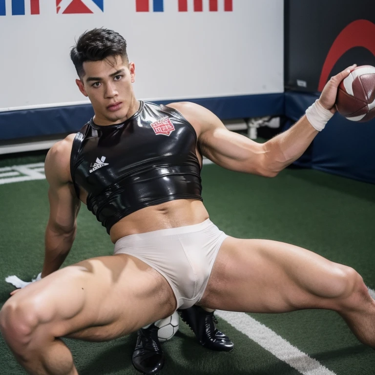 2 Boys，Football venues，tight latex sweat leggs，Photos during exercise，tight  latex Football player costume，，Masculine，Exquisite facial features，virile，musculature，rich facial detail（The crotch is raised）full bodyesbian
