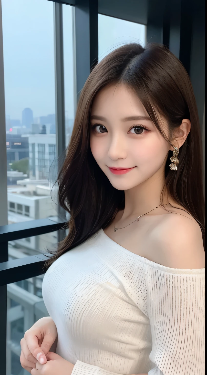 table top, highest quality, shape, Super detailed, finely, High resolution, 8k wallpaper, 完璧なダイナミックな構shape, beautiful and detailed eyes, classy and gorgeous winter dress,straight hair,,natural color lip,smile,20 year old girl、cute、Sexy looking at camera,Always blur the background,perfect and beautiful face,Take only the face,beautiful and detailed face、slim face and style、Big eyes、elegant face、beautiful and detailed face、KPOP idol face、japan idol face、Big eyes、Party venue on the top floor of a high-rise hotel、blur background、Take a full body photo