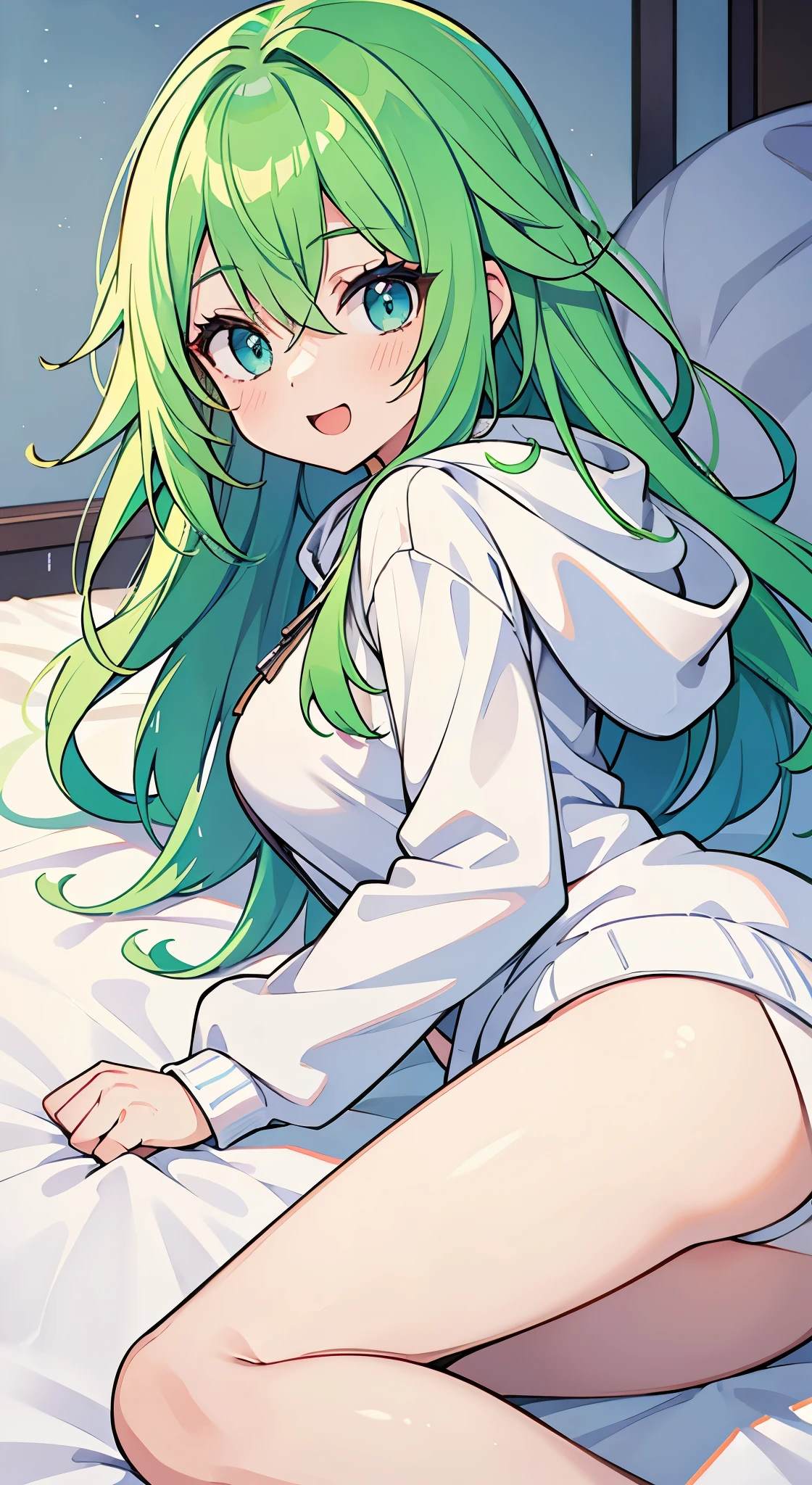 ((A Pretty girl with green hair and blue eyes lying on the bed)), ((wearing white hoodie)), , ((master piece, top-quality, ultra-definition, high resolution)), anime girl, ((ultra-detailed illust:1.2)), only one person, bangs, hair between eye, beautiful hair, Beautiful eyes, Medium breasts, thighs, Big smile, opened mouth, in the bedroom, morning, turn back