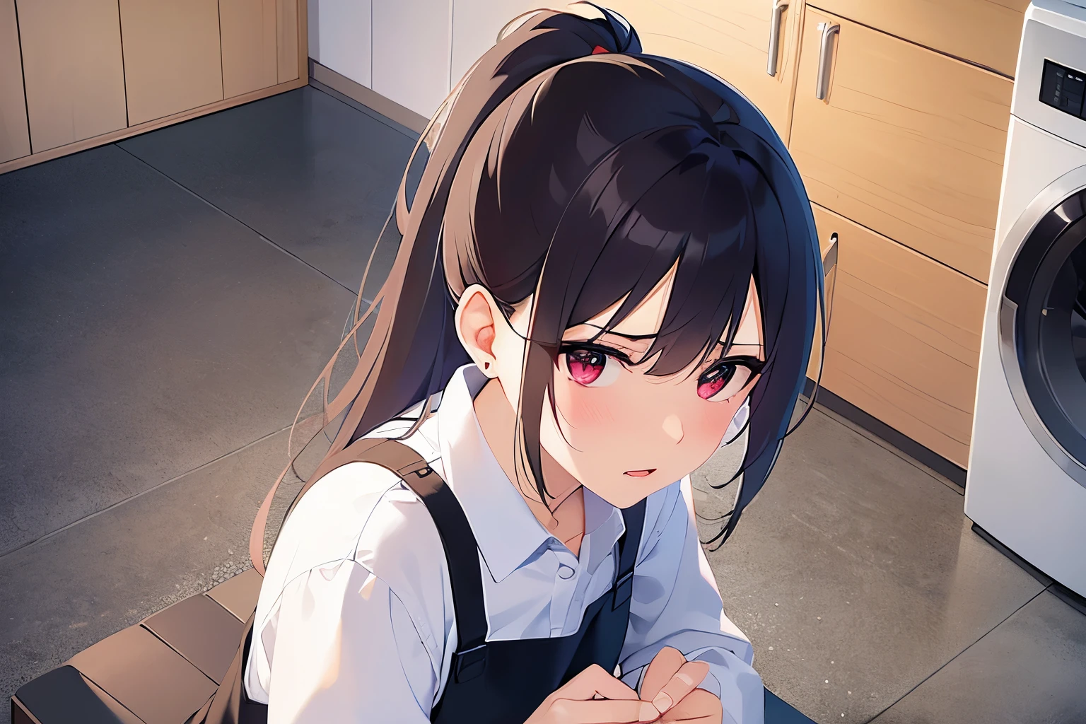 shooting from above、high quality、masterpiece、Realistic, real person, RAW photo, photorealistic, portrait photography, shiny skin, japanese idol、shiny hair、(25 year old woman with black bangs) and (ponytail) and (red eyes), (He wears a plain white shirt with long sleeves.:1.5), wearing a red apron、(embarrassed:1.3), tears, The background is the washroom、washing machine、floor